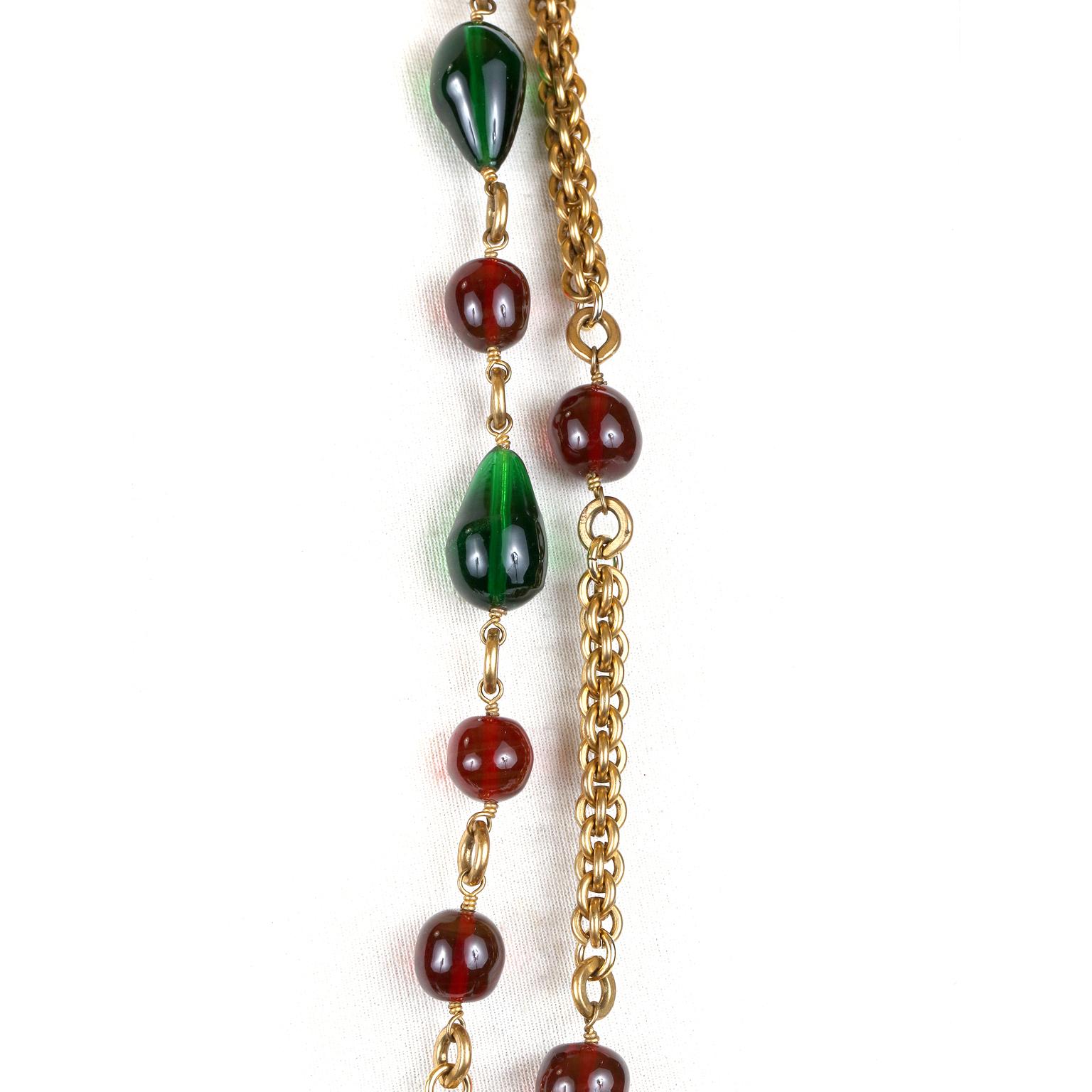 Women's or Men's Chanel Red and Green Gripoix Gold Twist Chain