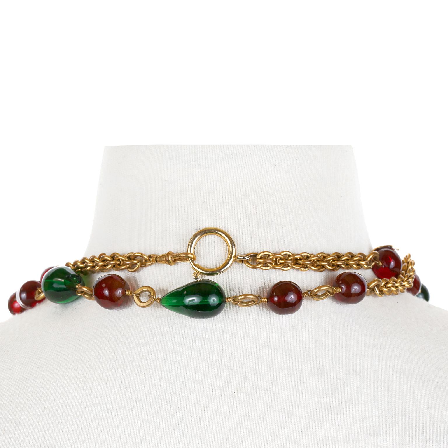 Chanel Red and Green Gripoix Gold Twist Chain 2
