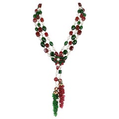 Chanel Red and Green Gripoix Triple Strand Necklace