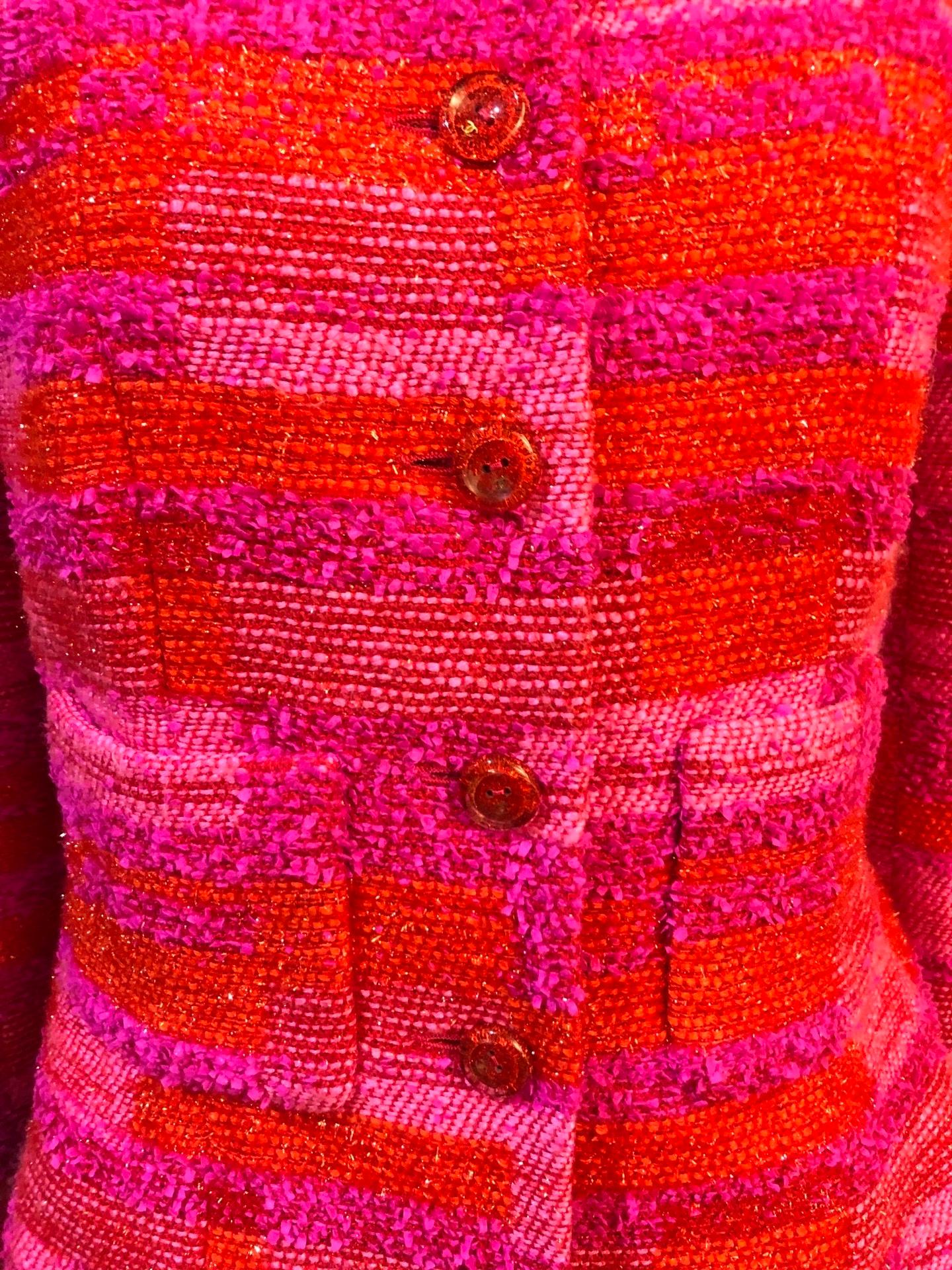 Chanel Red and Pink Colour Blocking Tweed Jacket  In Excellent Condition For Sale In Sheung Wan, HK