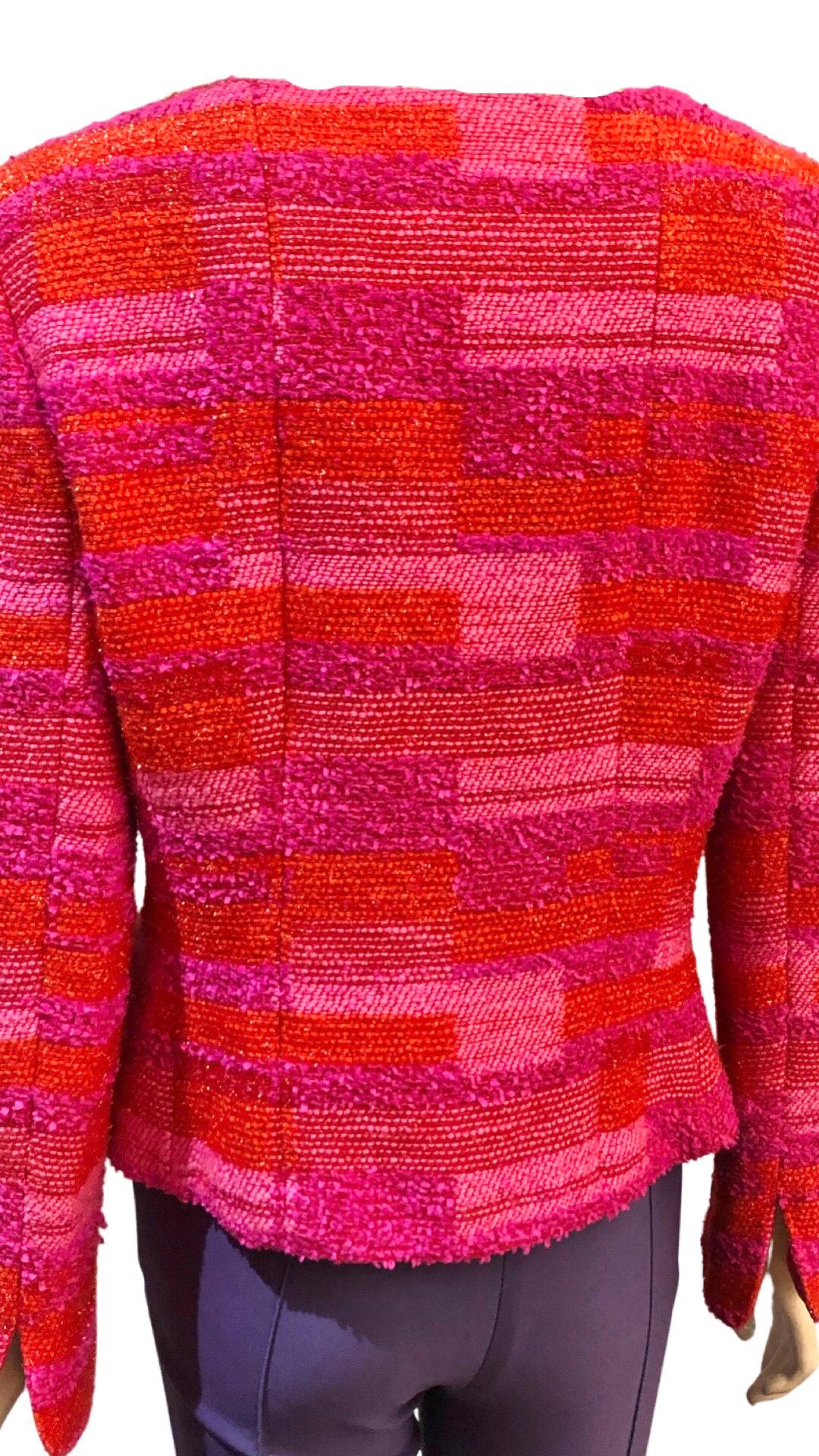 Chanel Red and Pink Colour Blocking Tweed Jacket  For Sale 2