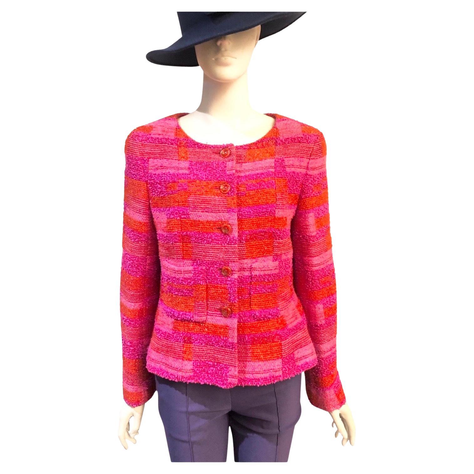 Chanel Red and Pink Colour Blocking Tweed Jacket  For Sale