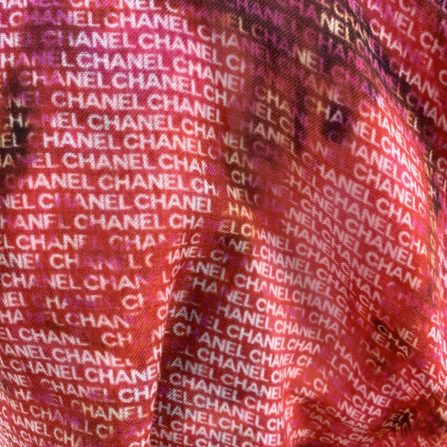 Brown Chanel Red and Purple Cashmere Signature Logo Shawl Large Scarf