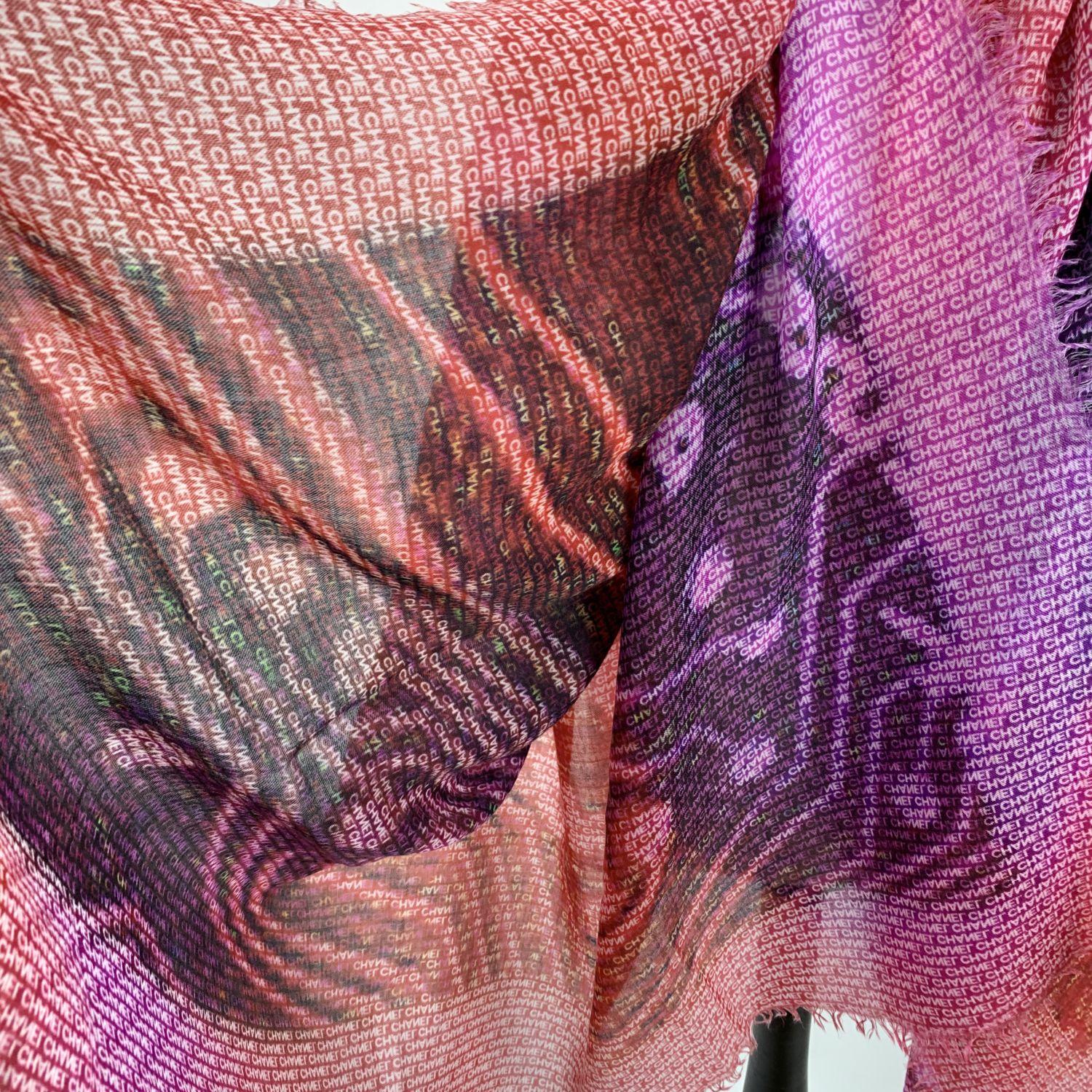 Chanel Red and Purple Cashmere Signature Logo Shawl Large Scarf In Excellent Condition In Rome, Rome