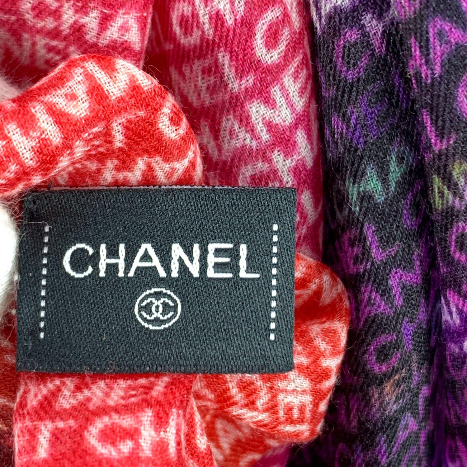 Women's Chanel Red and Purple Cashmere Signature Logo Shawl Large Scarf