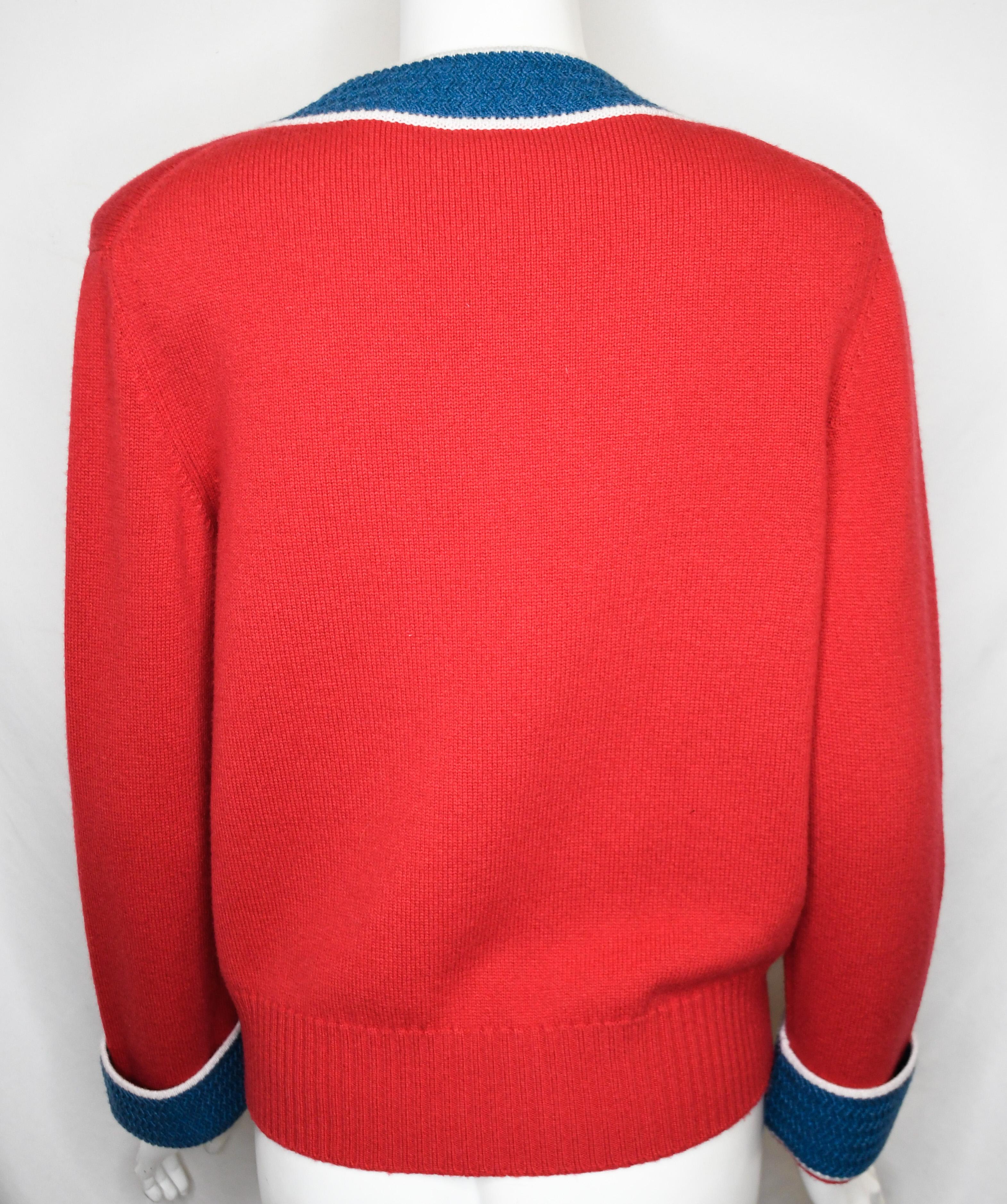 red and blue cardigan