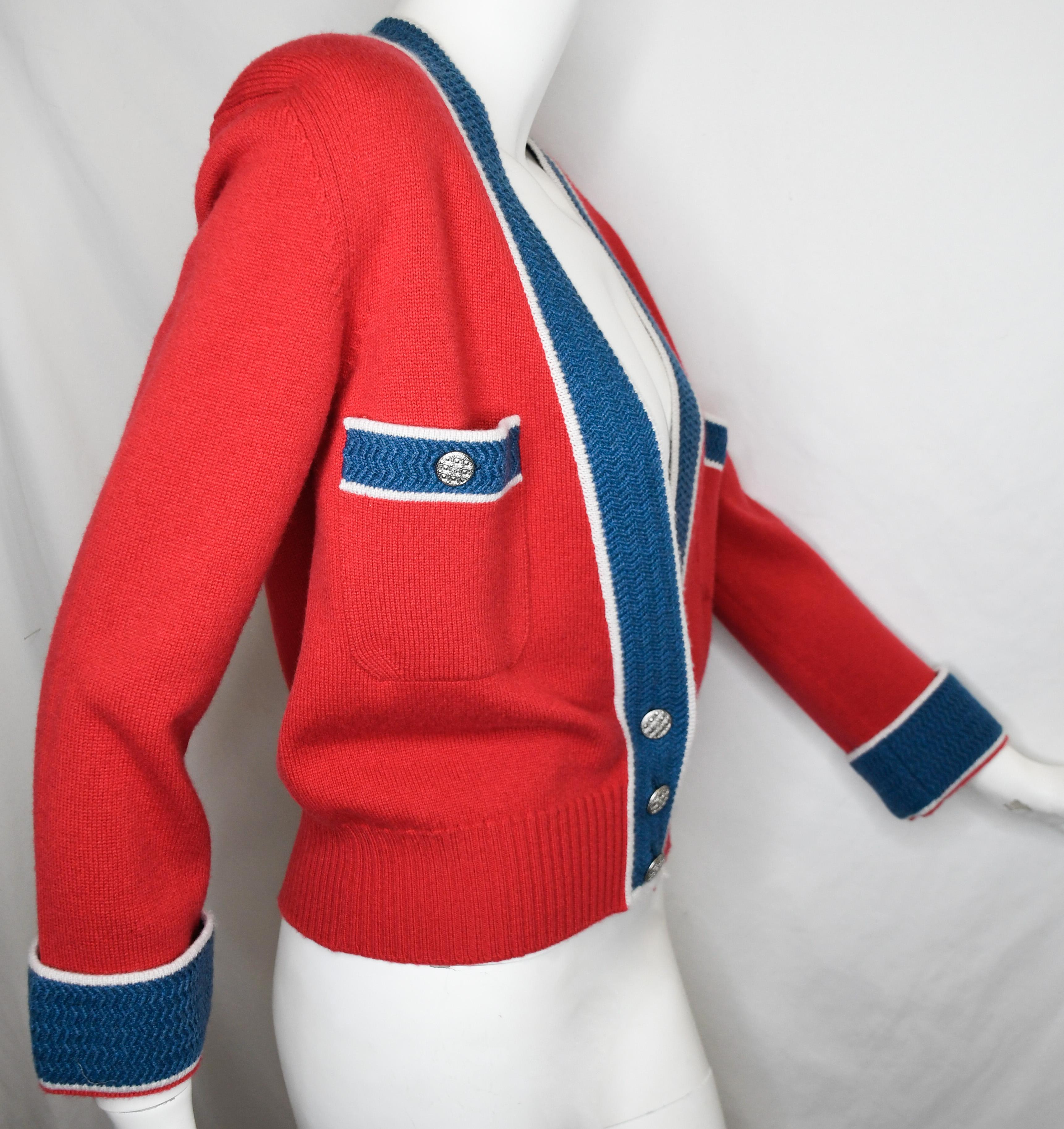 blue and red cardigan