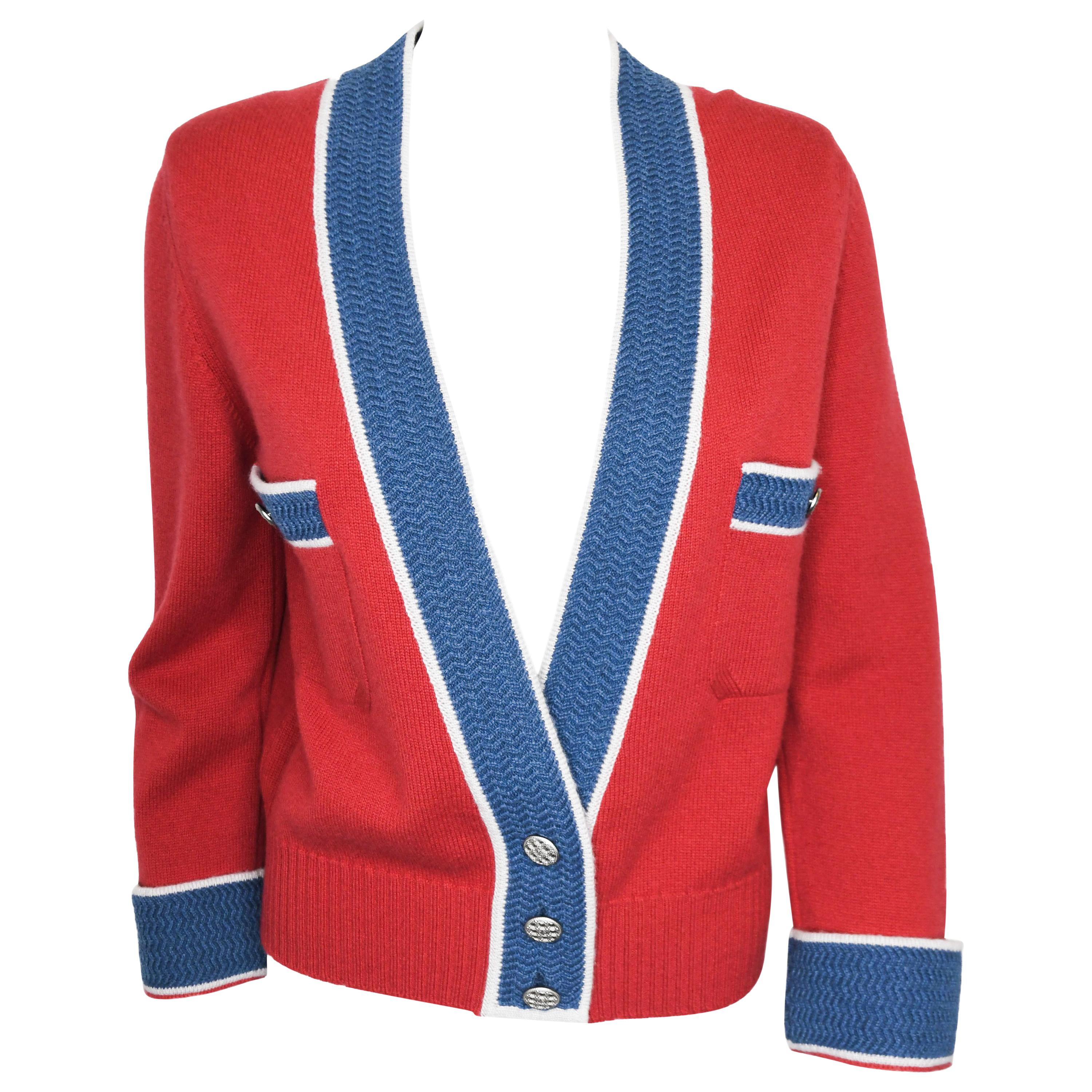 Chanel Red and Slate Blue Cashmere Cardigan With Wide Banded Cuffs For Sale