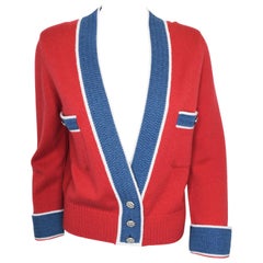 Chanel Red and Slate Blue Cashmere Cardigan With Wide Banded Cuffs