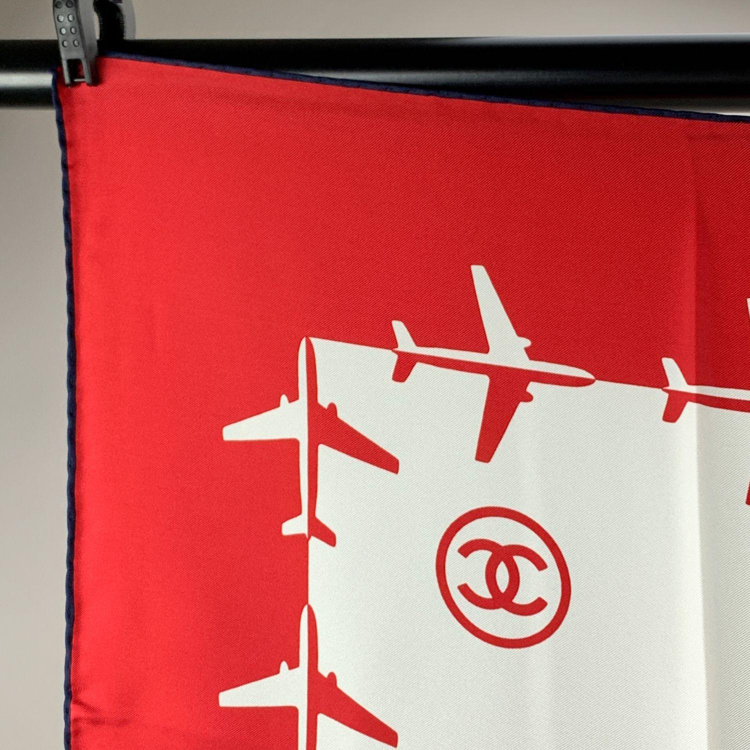 Chanel Red and White Aeroport Airline Silk Scarf CC Logo Print In Excellent Condition In Rome, Rome
