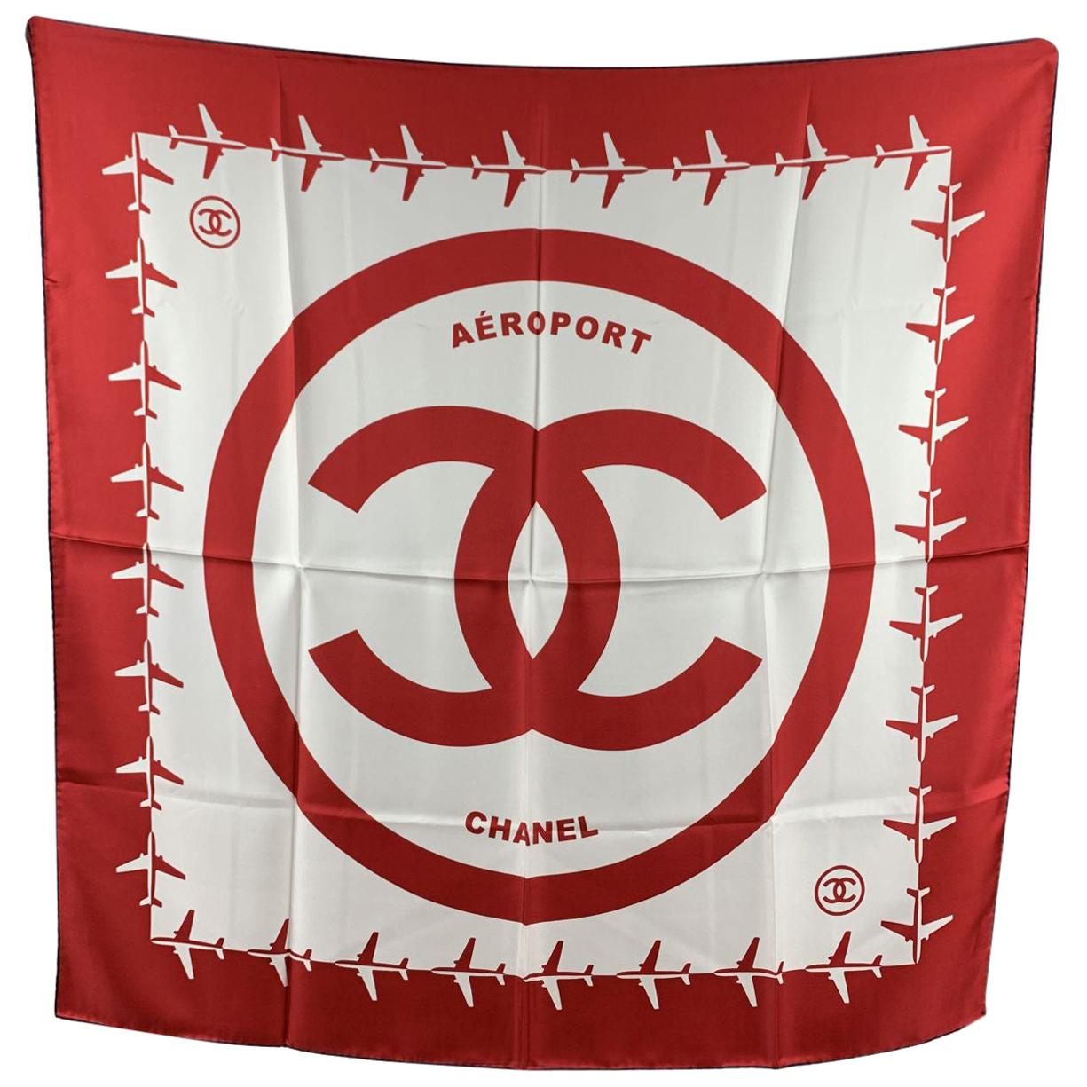Chanel Red and White Aeroport Airline Silk Scarf CC Logo Print