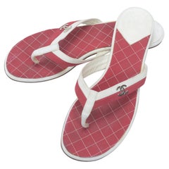 Chanel Red and White Flat Thong Mule Sandals with Interlocking CC Logo