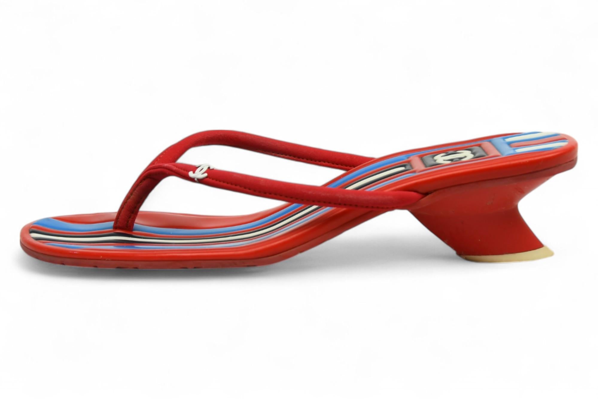 Chanel Red and White Rubber Kitten Heel Thong Sandals  US 36.5 For Sale 1