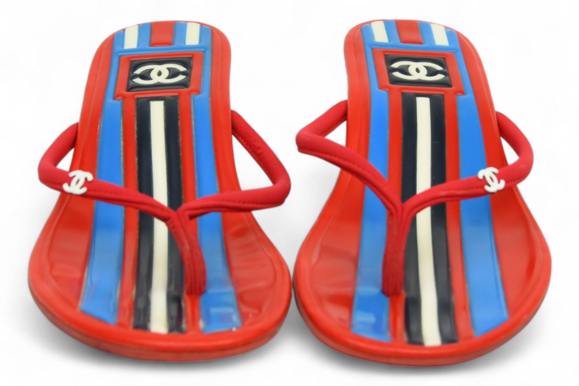 Chanel Red and White Rubber Kitten Heel Thong Sandals  US 36.5 For Sale 3