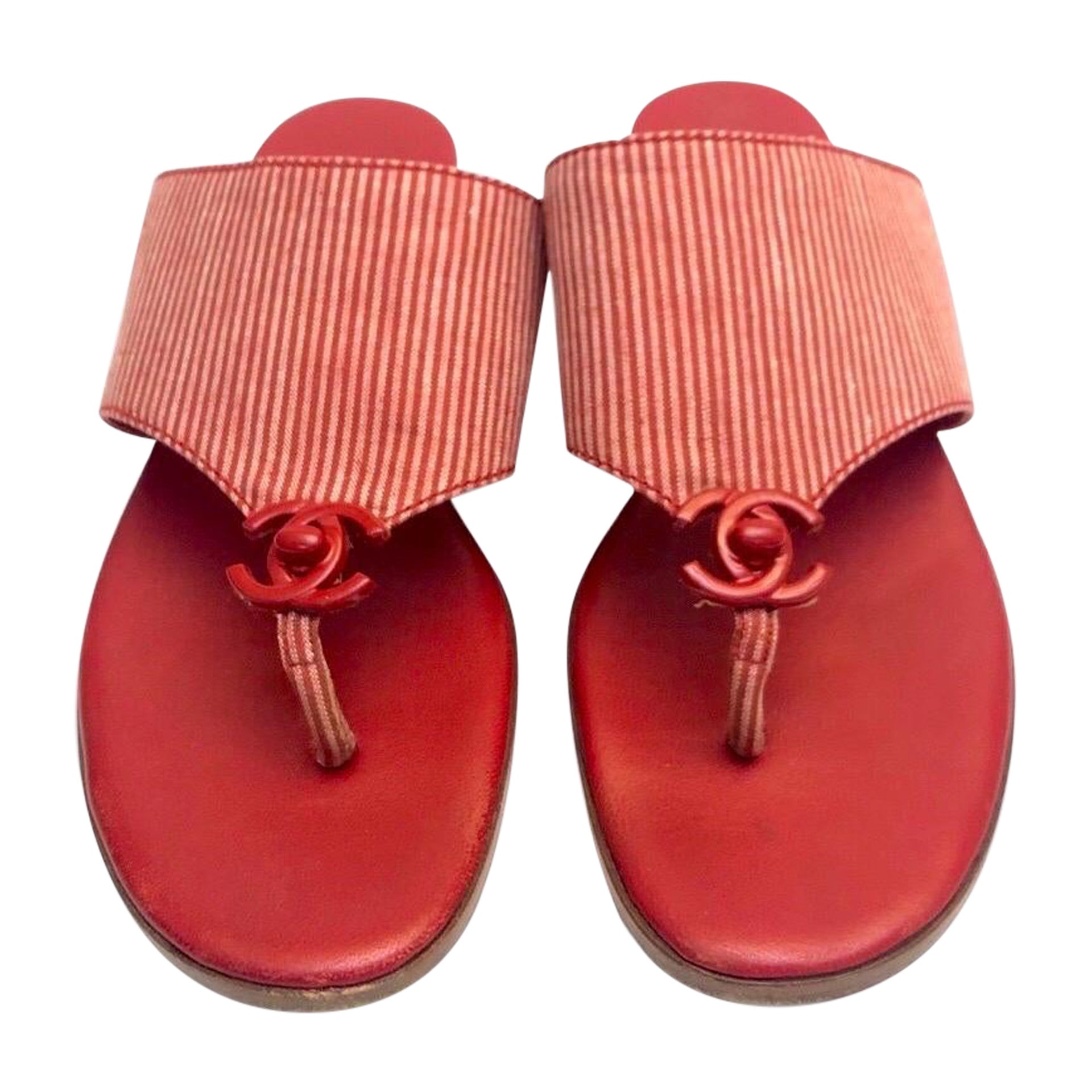 Chanel red and white stripe canvas sandals For Sale