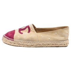 Chanel Red/Beige Suede Pearls Embellished CC Espadrille Flats Size 39