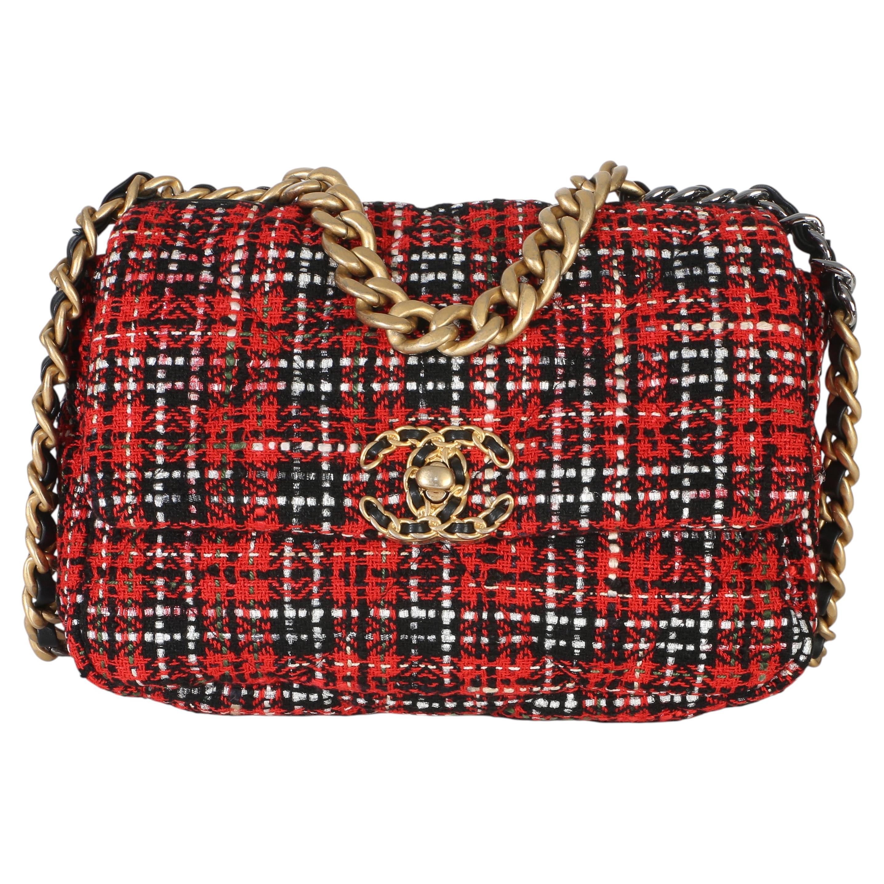Chanel Red Black Multicolor Quilted Tweed Medium Chanel 19 Flap Bag For Sale