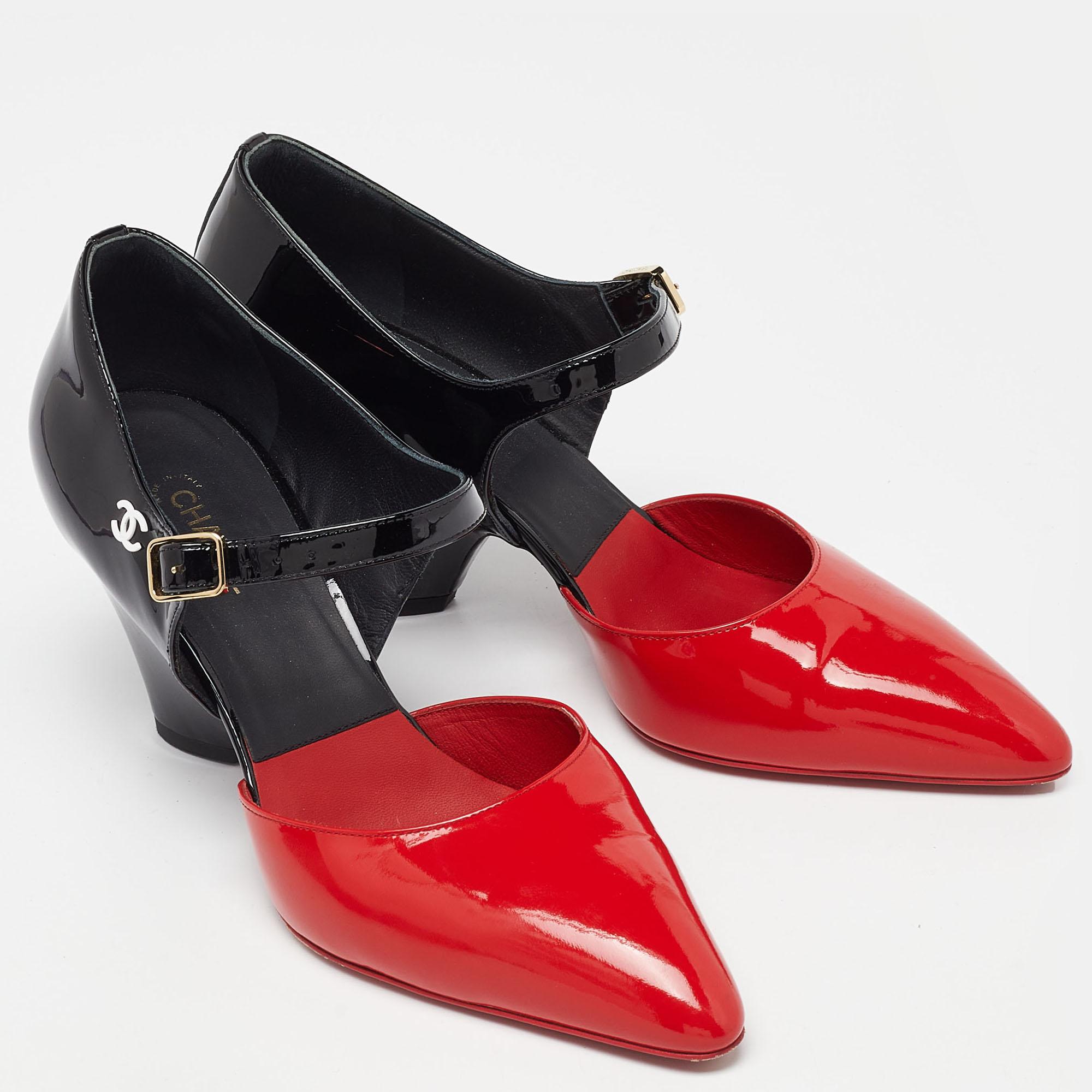 Women's Chanel Red/Black Patent Leather Mary Jane Wedge Pumps Size 40