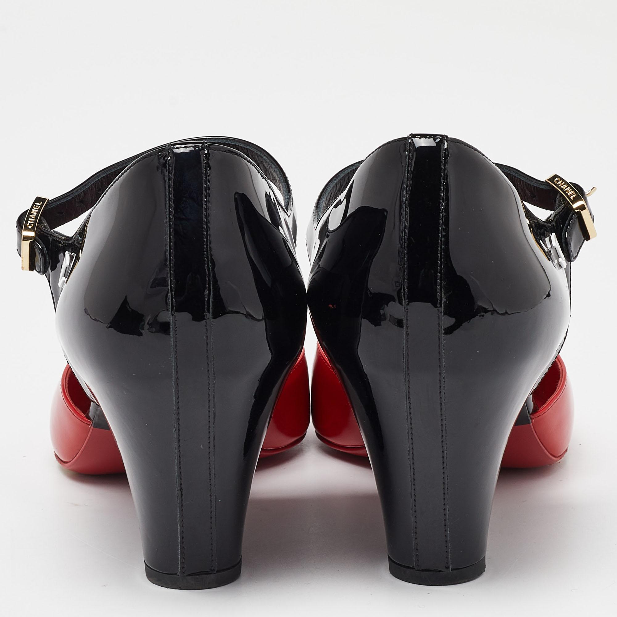 Chanel Red/Black Patent Leather Mary Jane Wedge Pumps Size 40 1