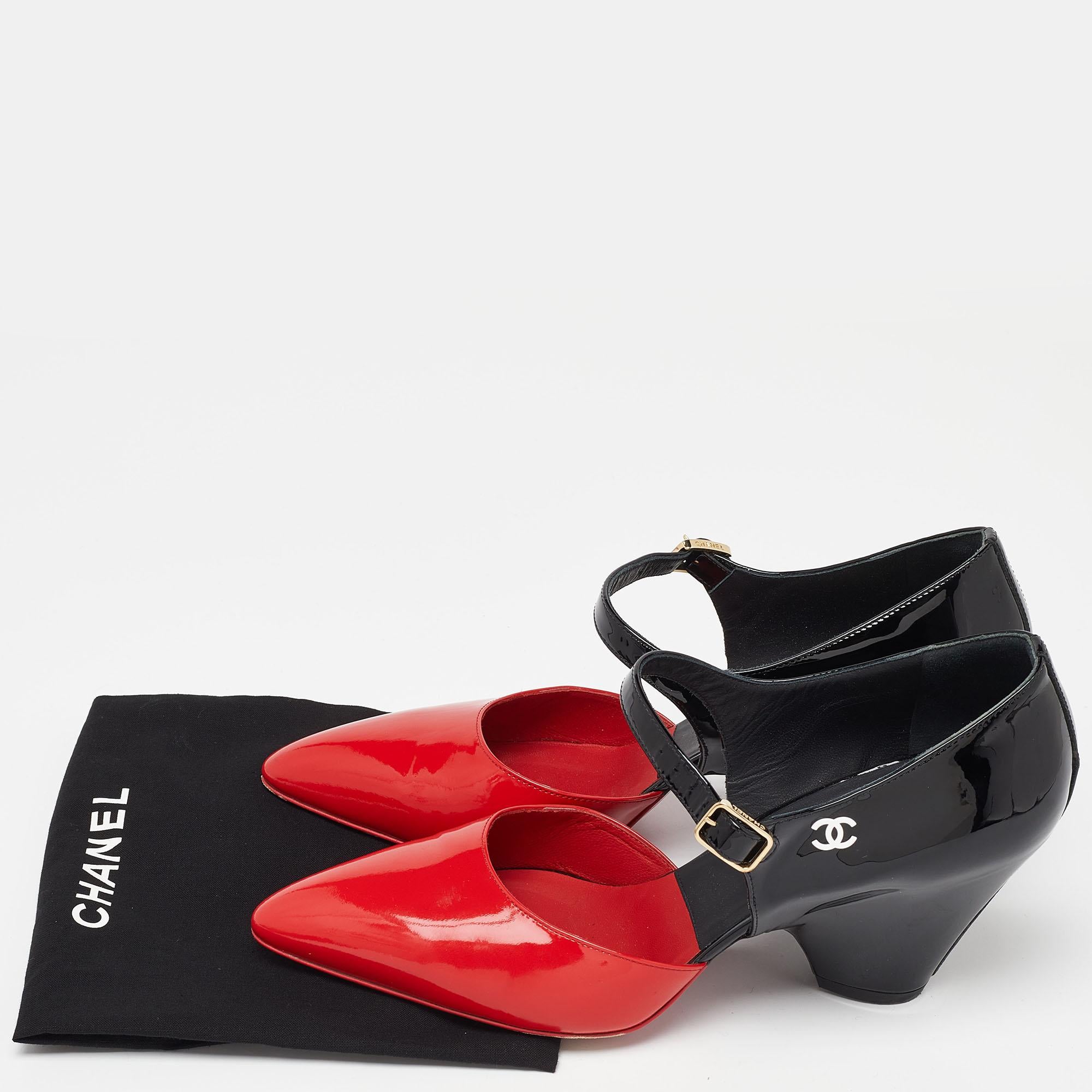 Chanel Red/Black Patent Leather Mary Jane Wedge Pumps Size 40 5
