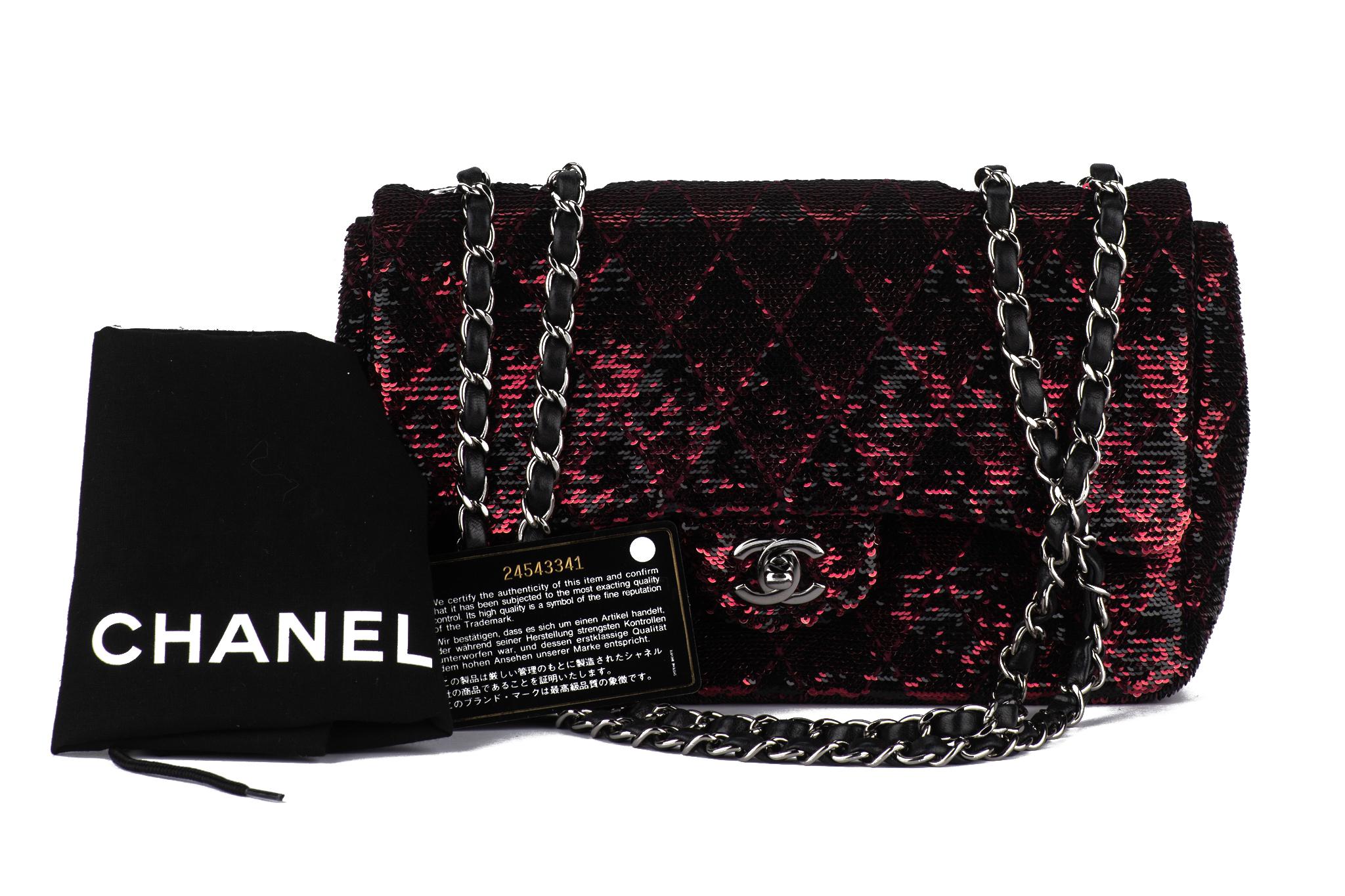 Chanel Red Black Sequins Single Flap Bag For Sale 14