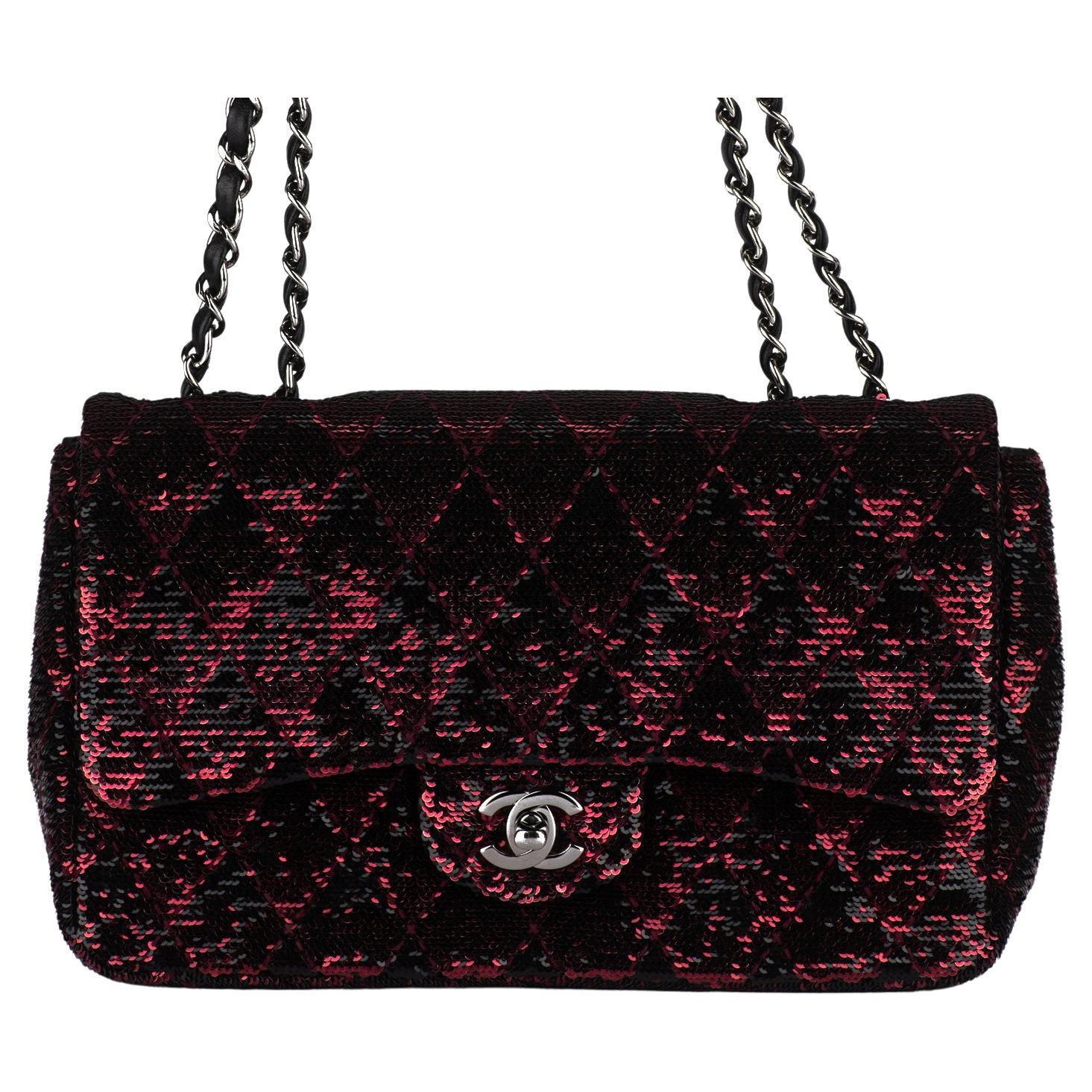 Chanel Red Black Sequins Single Flap Bag For Sale