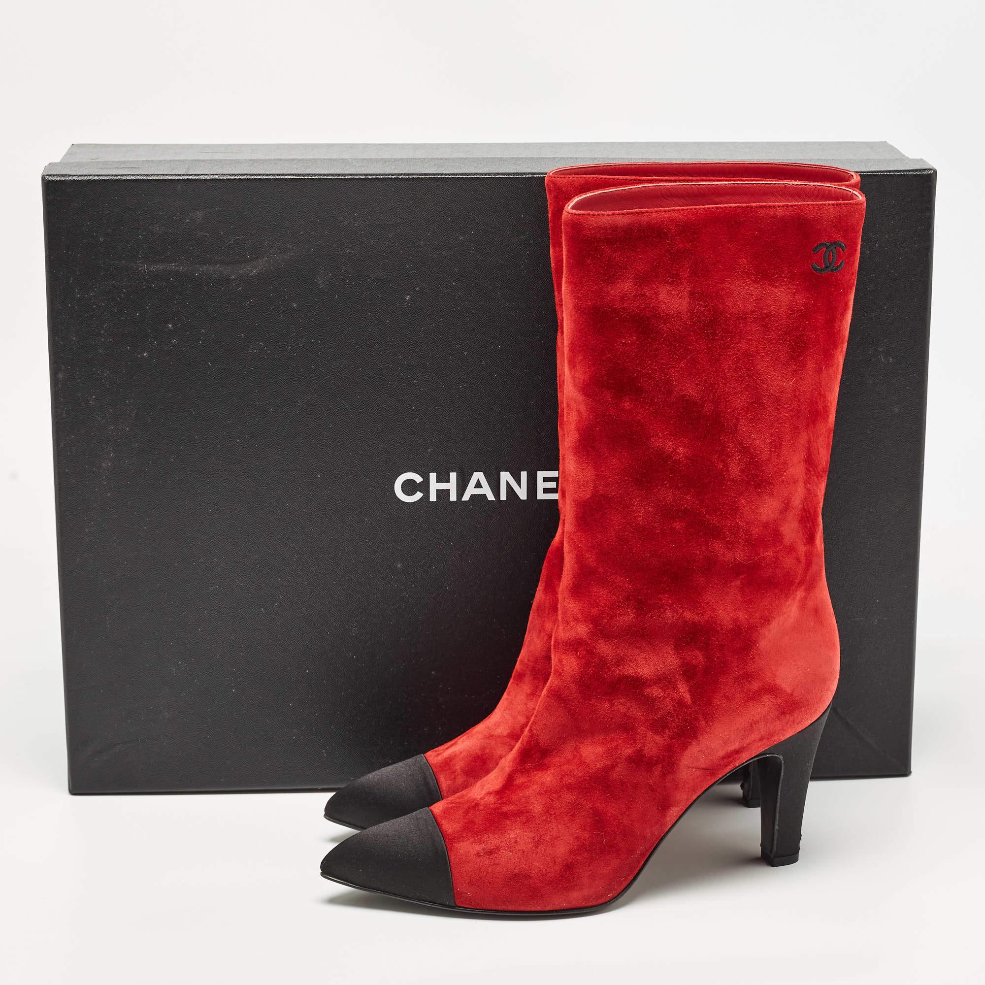 Chanel Red/Black Suede Pointed Toe Mid Calf Boots Size 40 6