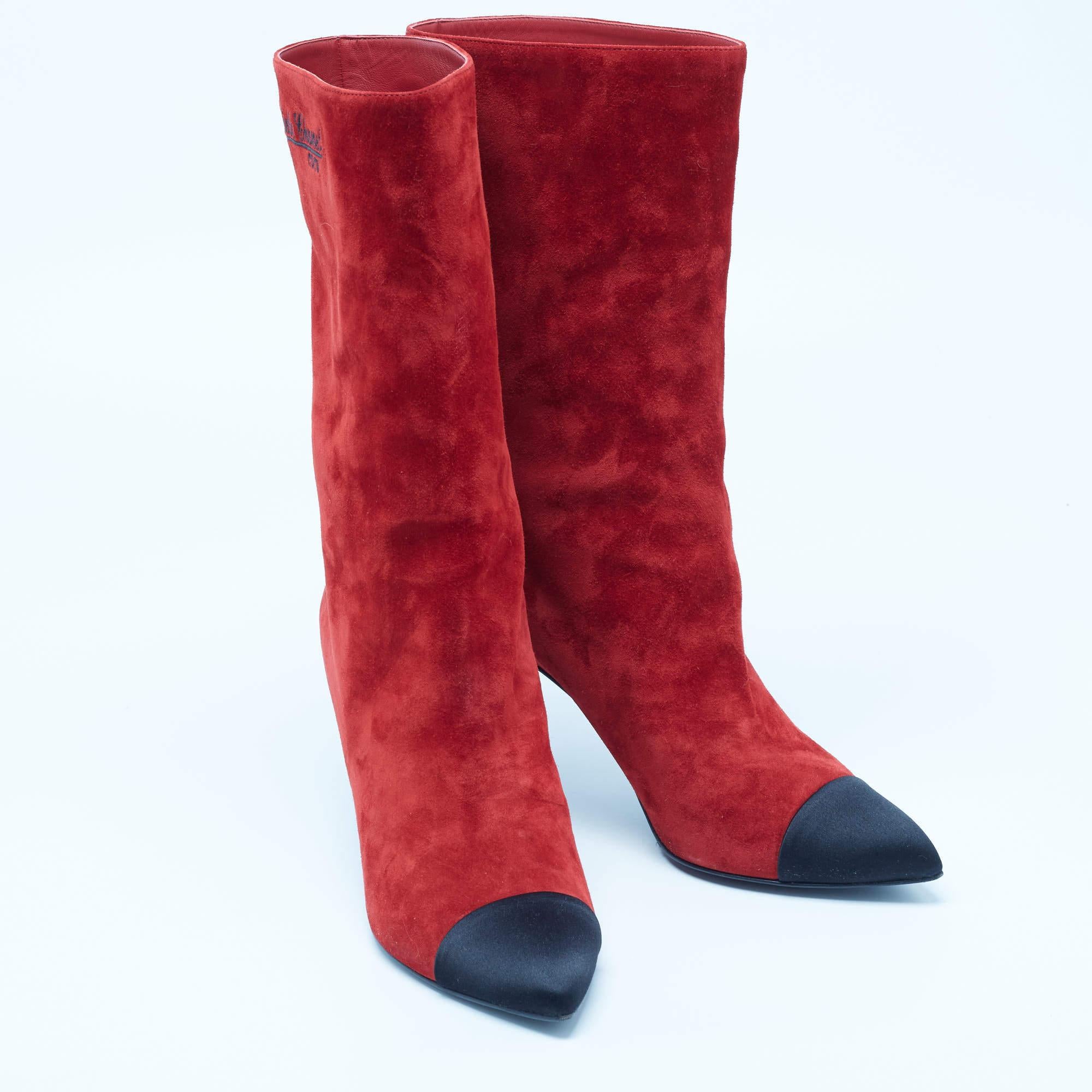 Chanel Red/Black Suede Pointed Toe Mid Calf Boots Size 40 In Good Condition In Dubai, Al Qouz 2