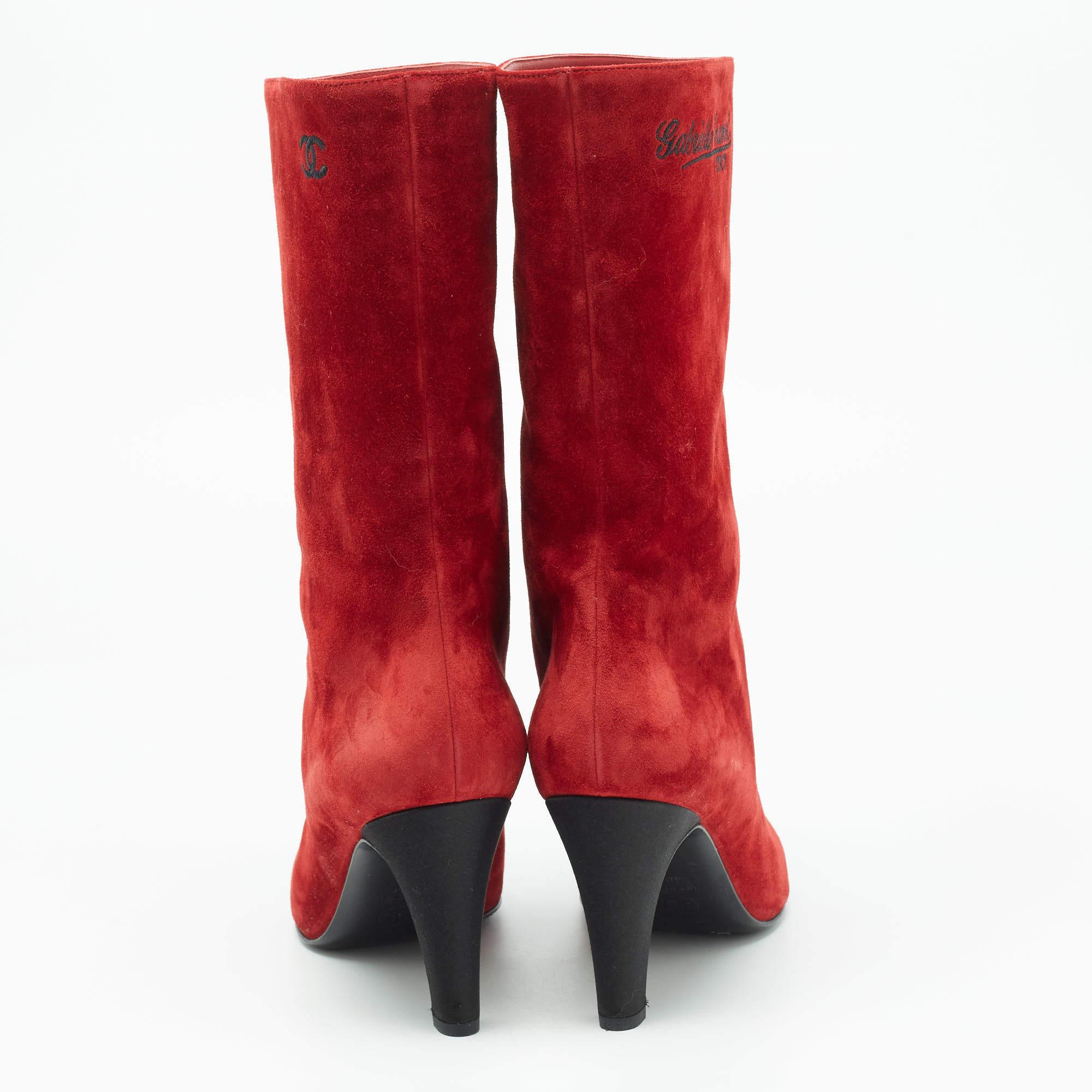 Chanel Red/Black Suede Pointed Toe Mid Calf Boots Size 40 3