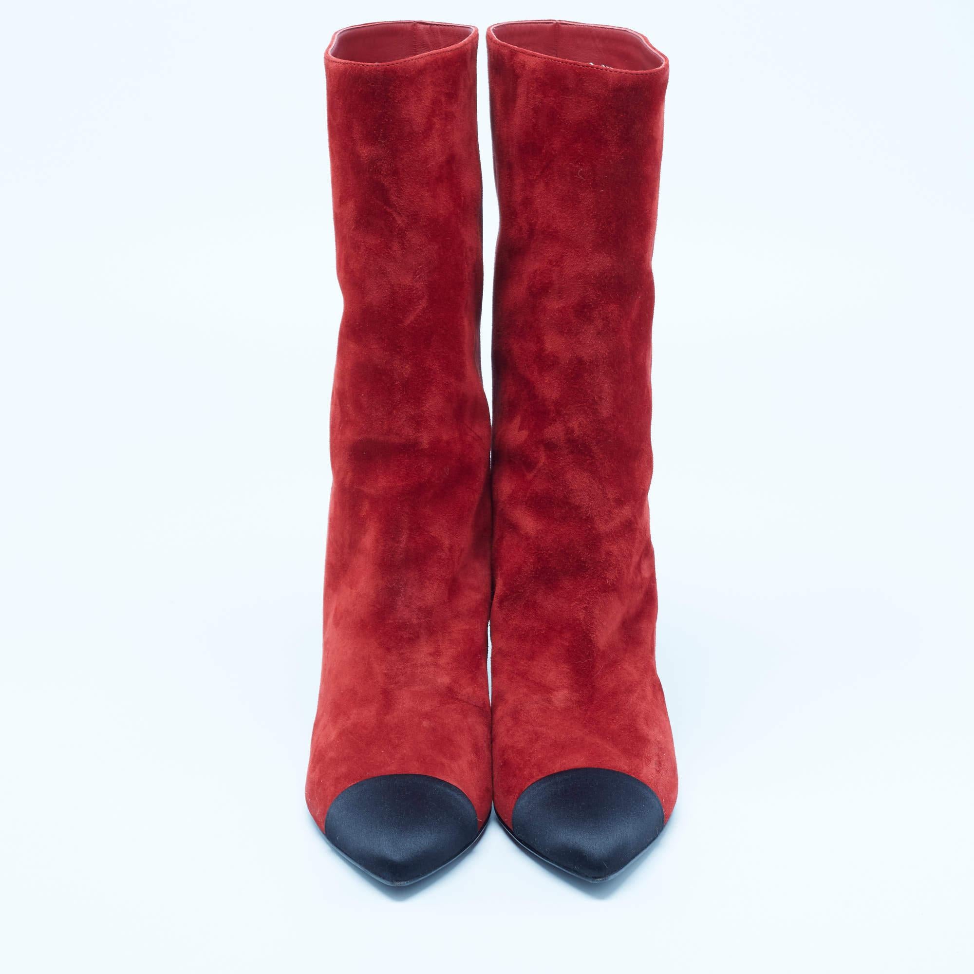 Chanel Red/Black Suede Pointed Toe Mid Calf Boots Size 40 5