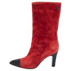 Chanel Red/Black Suede Pointed Toe Mid Calf Boots Size 40