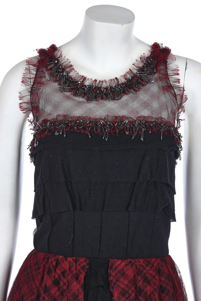 Chanel Red & Black Tartan Tulle Evening Gown w/Safety Pin Embellishment 2008 In Excellent Condition For Sale In Los Angeles, CA