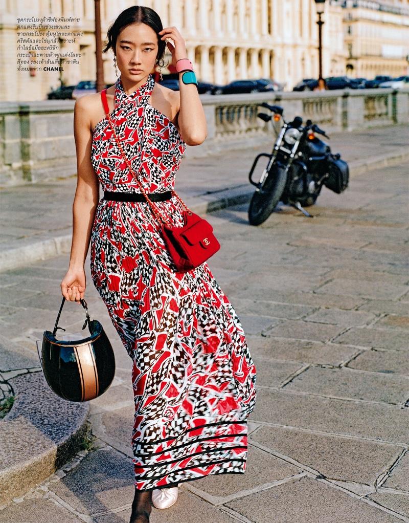 CHANEL red black white silk 23C MONTE CARLO RACE FLAG CHIFFON Dress 36 XS 7