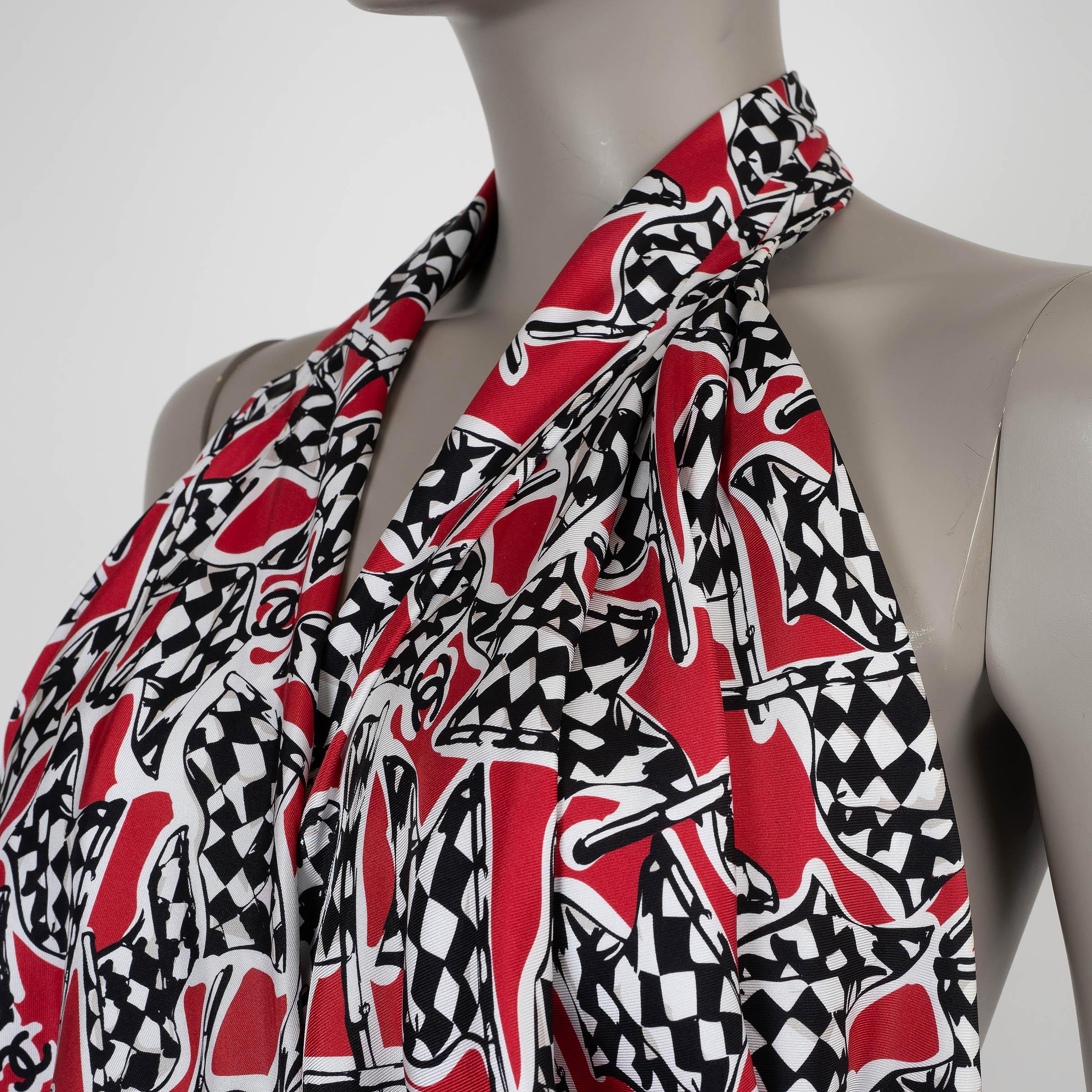 Women's CHANEL red black white silk 23C MONTE CARLO RACE FLAG CHIFFON Dress 36 XS