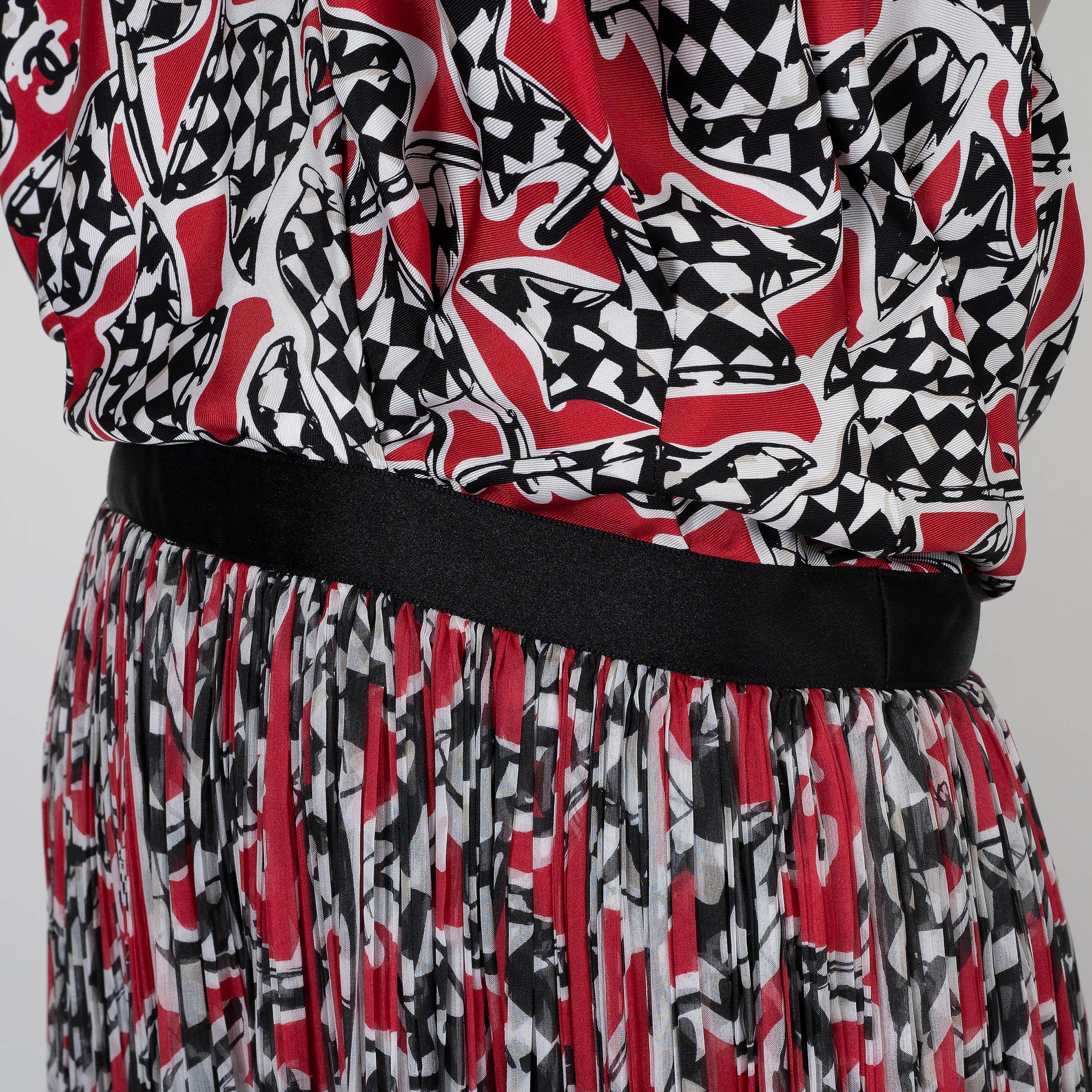 CHANEL red black white silk 23C MONTE CARLO RACE FLAG CHIFFON Dress 36 XS 1