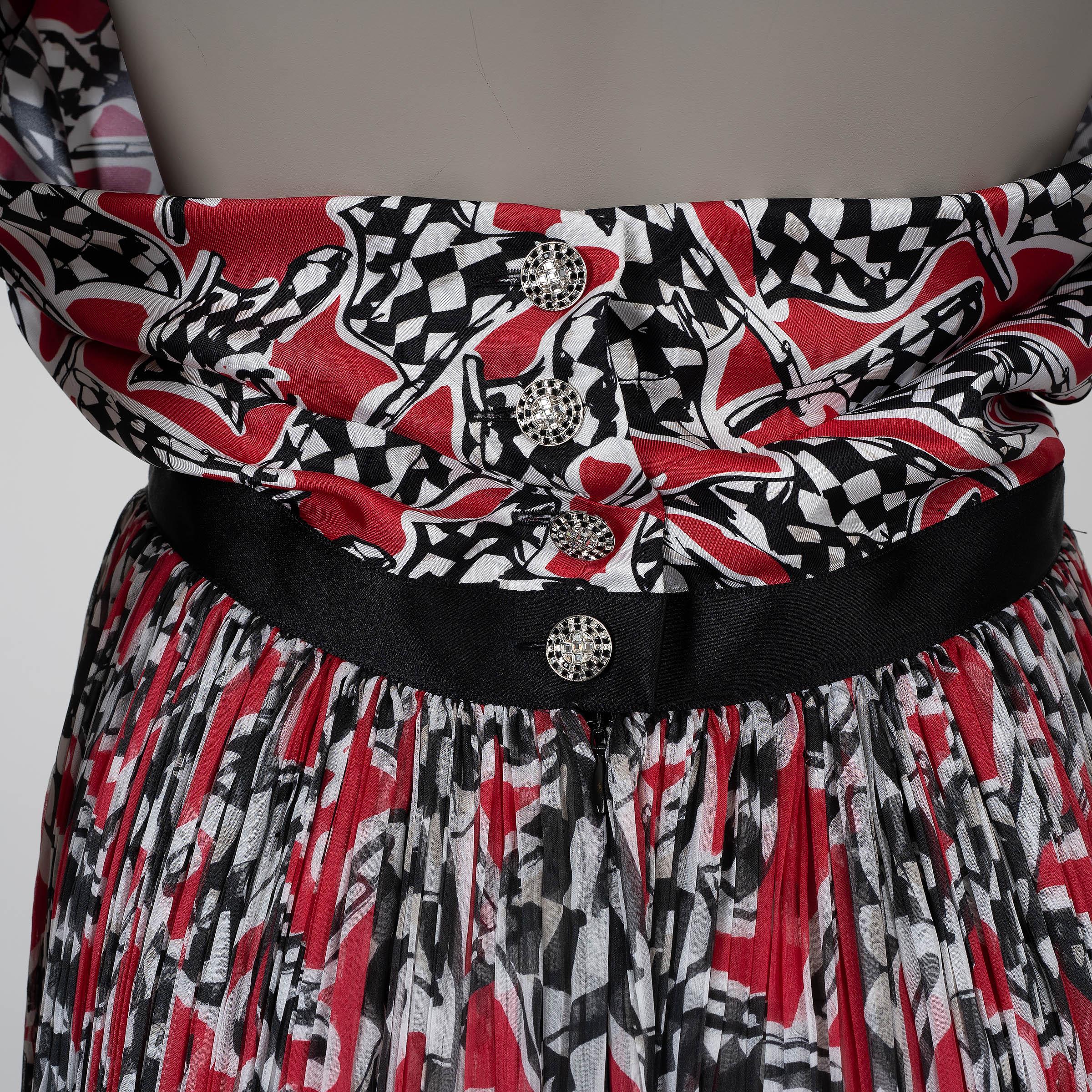 CHANEL red black white silk 23C MONTE CARLO RACE FLAG CHIFFON Dress 36 XS 2