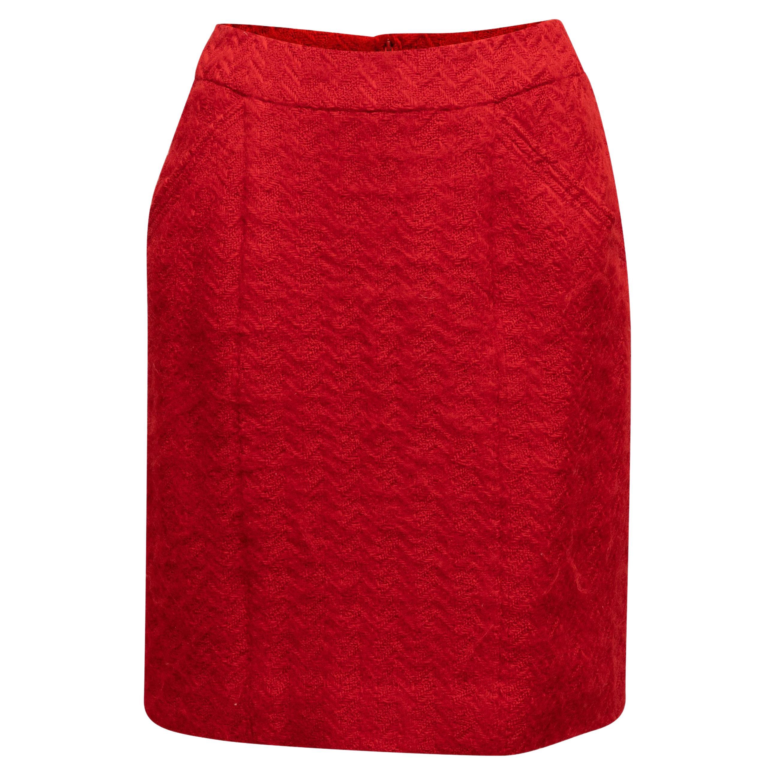 Chanel Red Boutique Wool Herringbone Skirt