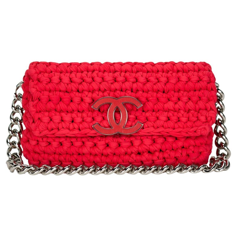Chanel Red Braided Crochet Flap Clasp Closure Large CC Shoulder Bag