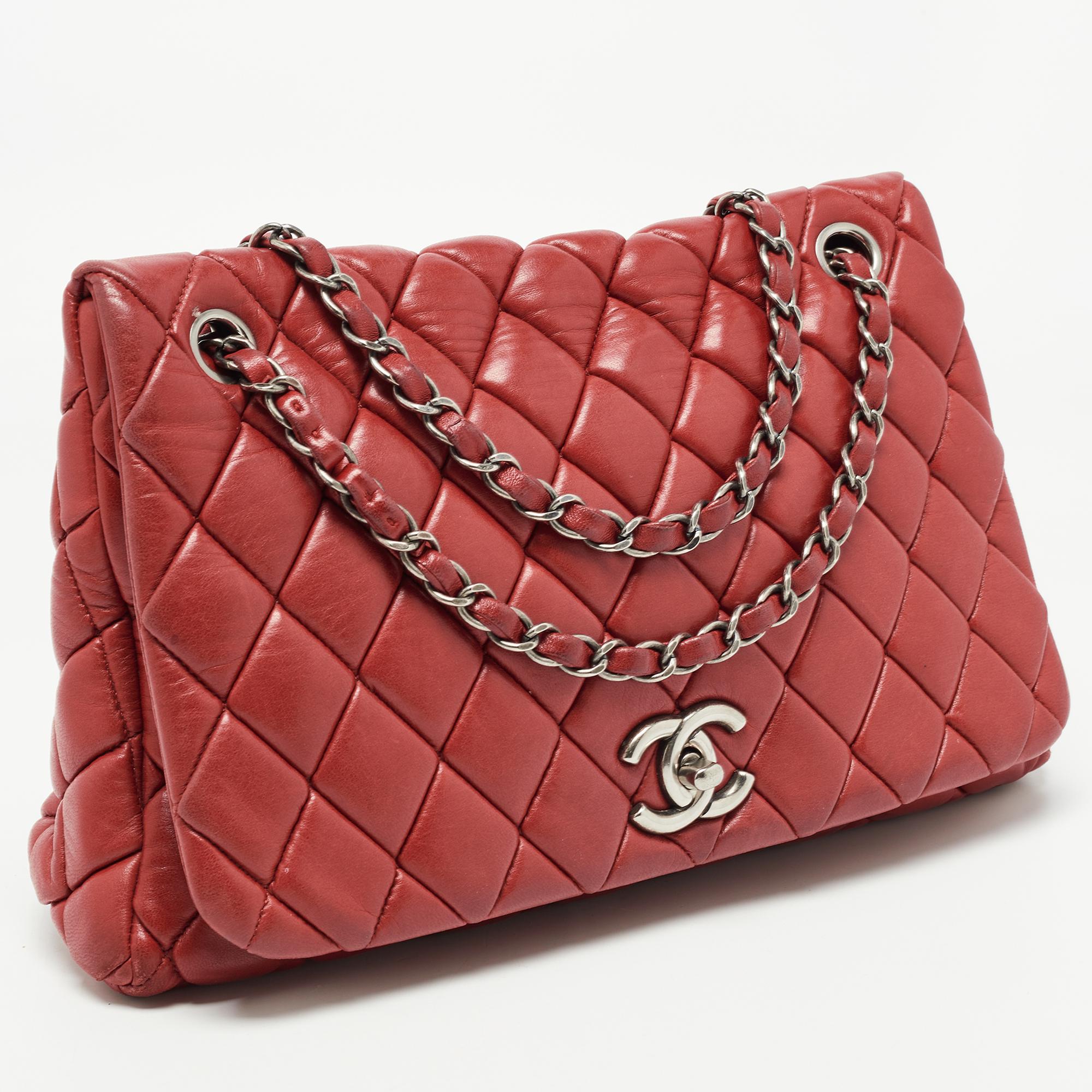 Chanel Red Bubble Quilted Leather Flap Shoulder Bag 9