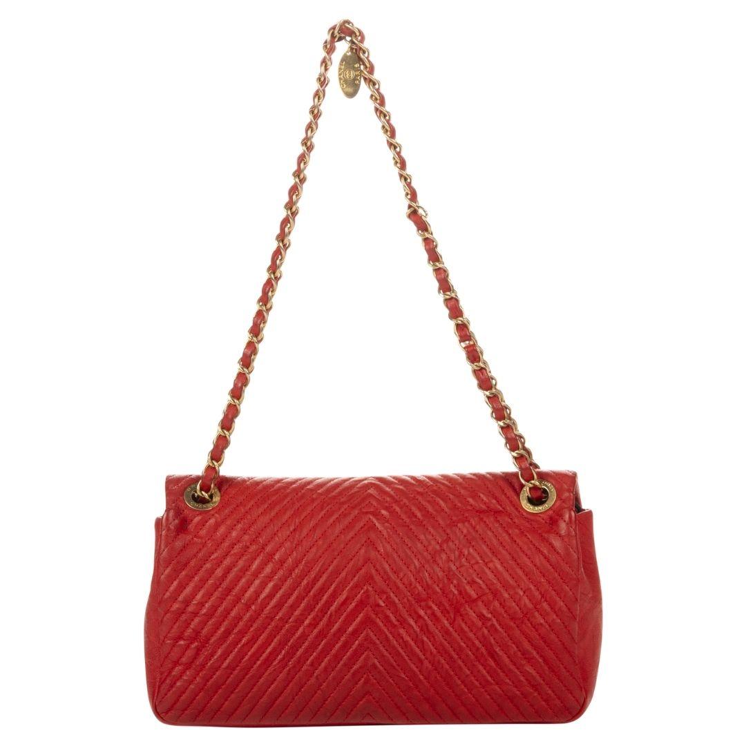 Chanel Red by Karl Lagerfeld 2015 Chevron Quilted Flap Bag In Excellent Condition For Sale In Atlanta, GA