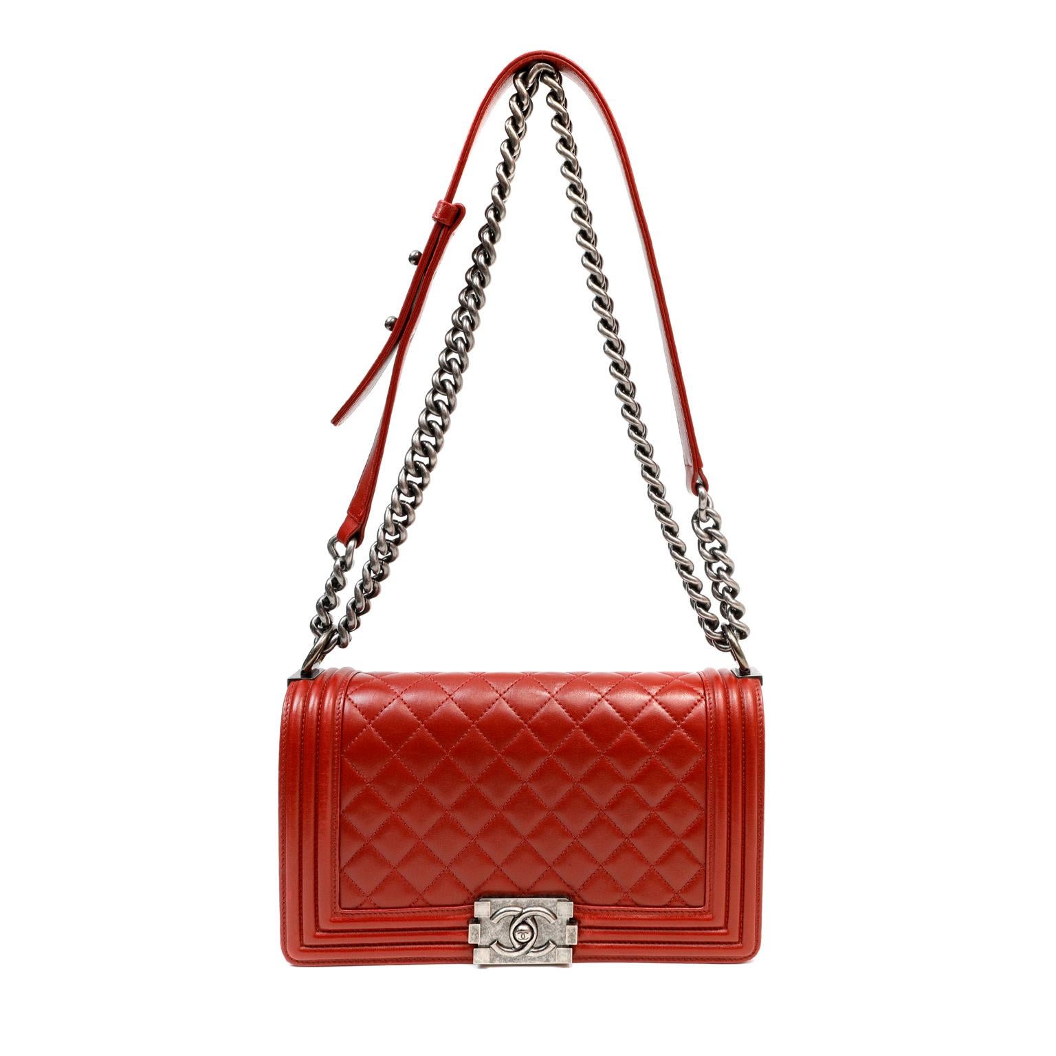 Chanel Red Calfskin Boy Bag  In Excellent Condition In Palm Beach, FL