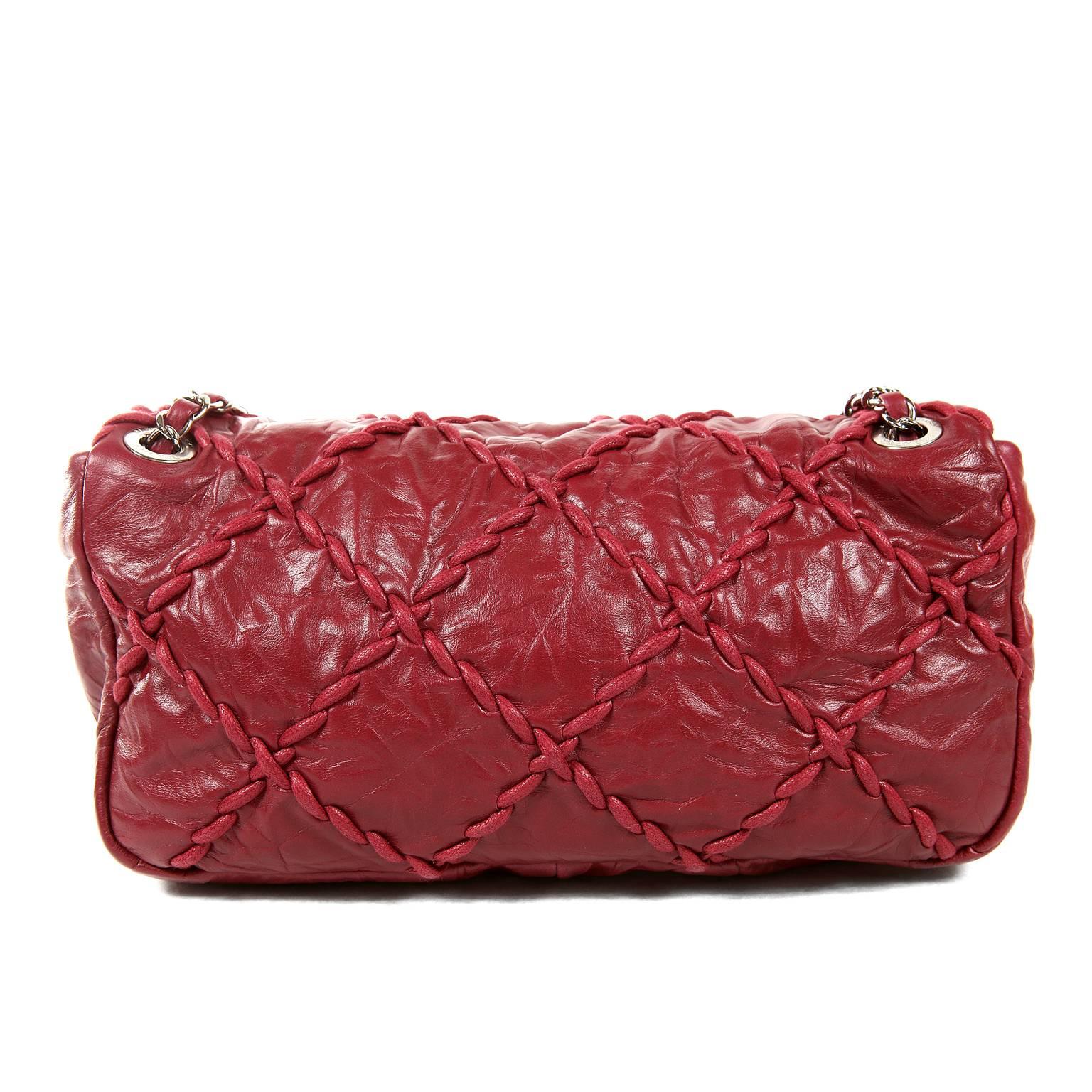 Chanel Red Calfskin Ultra Stitch Flap Bag- Pristine; appears never carried.
Uniquely detailed with distinct top stitching and intentionally wrinkled leather, the Ultra Stitch is eye catching and edgy. 
Deep red wrinkled calfskin is top stitched in
