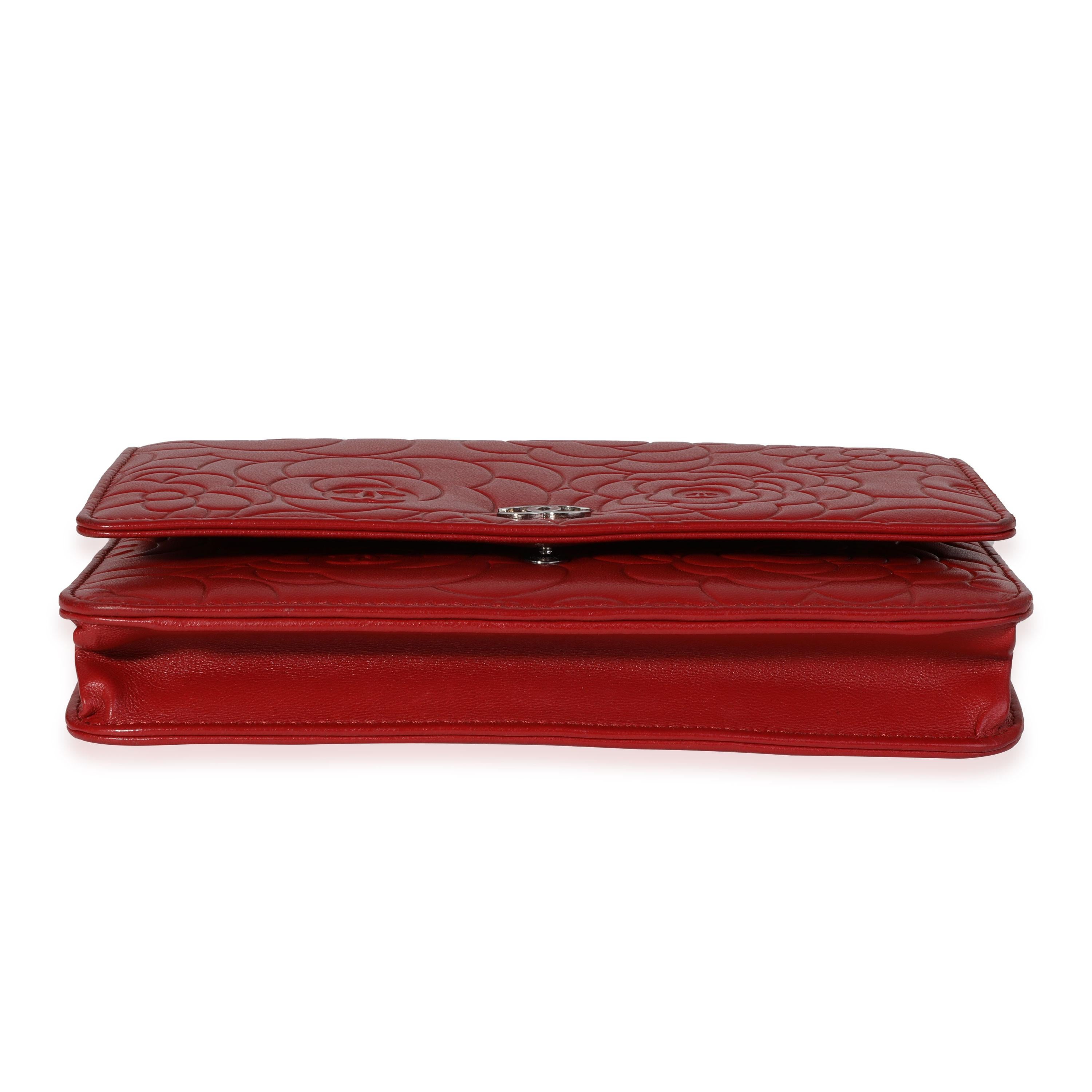Women's Chanel Red Camellia-Embossed Leather Wallet on Chain