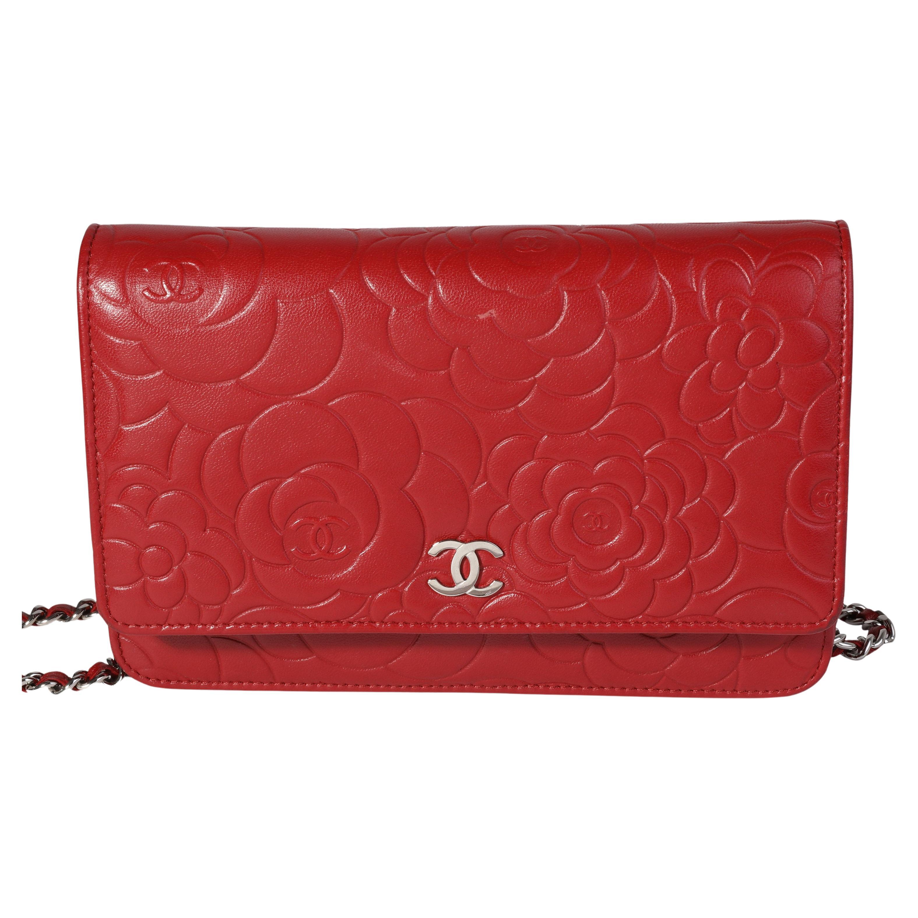 Chanel Red Camellia-Embossed Leather Wallet on Chain For Sale at 1stDibs