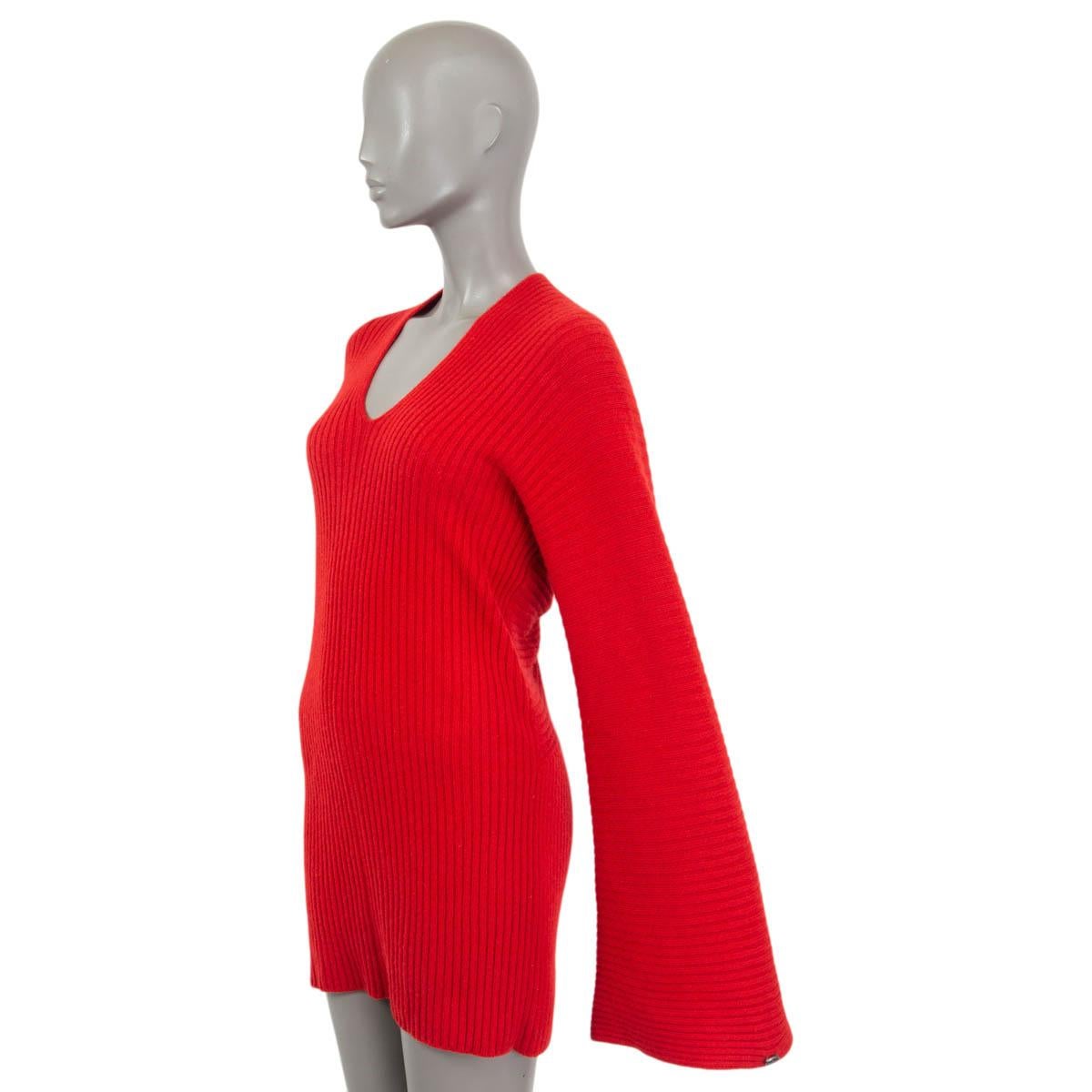 Women's CHANEL red cashmere 2010 BELL SLEEVE RIB KNIT MINI Dress 36 XS
