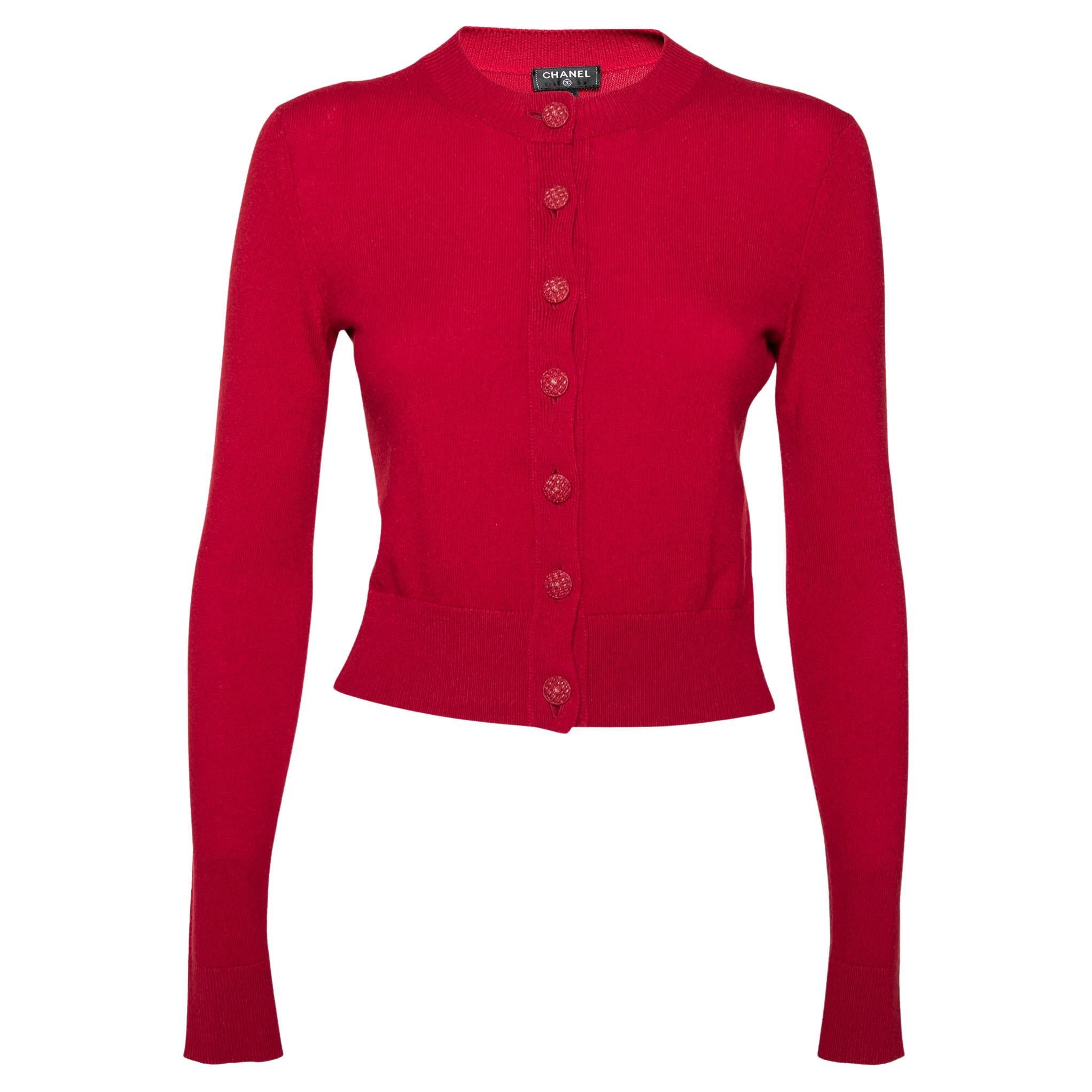 Chanel Red Cashmere Button Front Long Sleeve Cardigan S