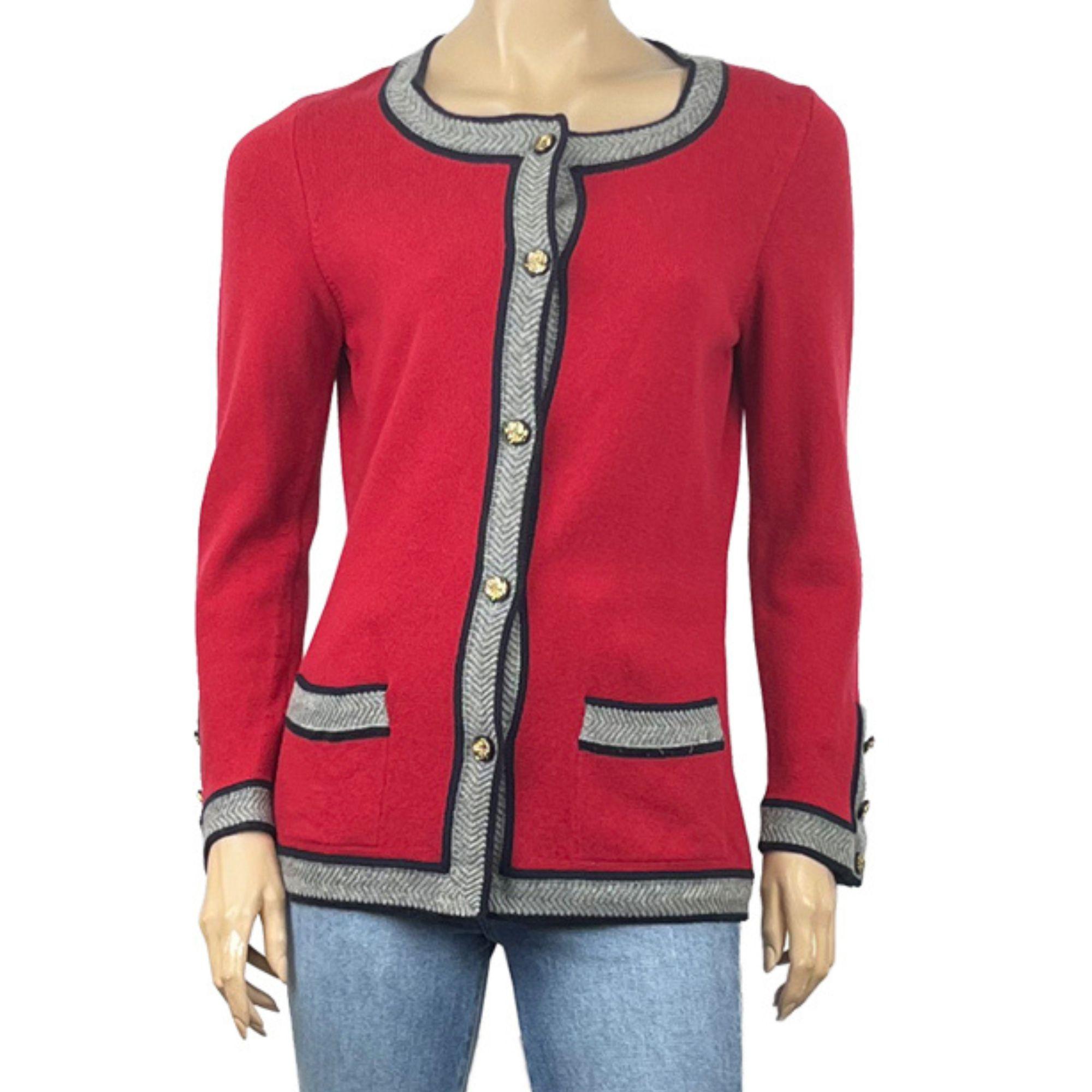 Chanel Red Cashmere Cardigan w/ Grey Trim-36. Chanel cardigan is in excellent condition. There is no sign of use. Made of 100% cashmere. There are gold button details on the pockets, sleeves, and down the front

Size: EU 36