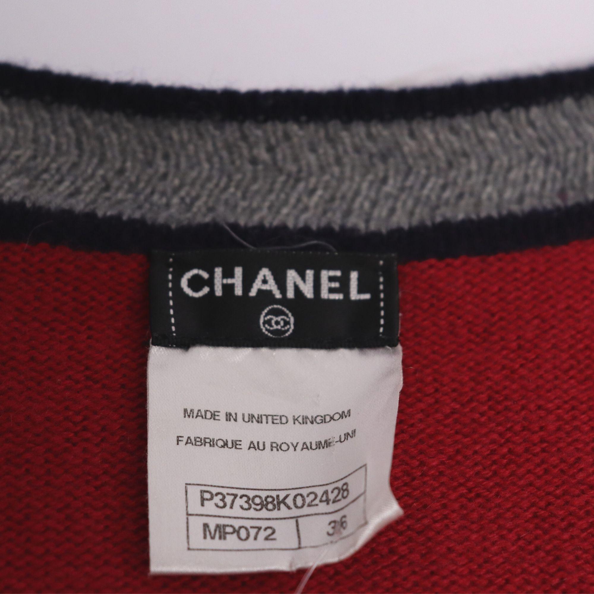 Women's Chanel Red Cashmere Cardgian w/ Grey Trim-36 For Sale