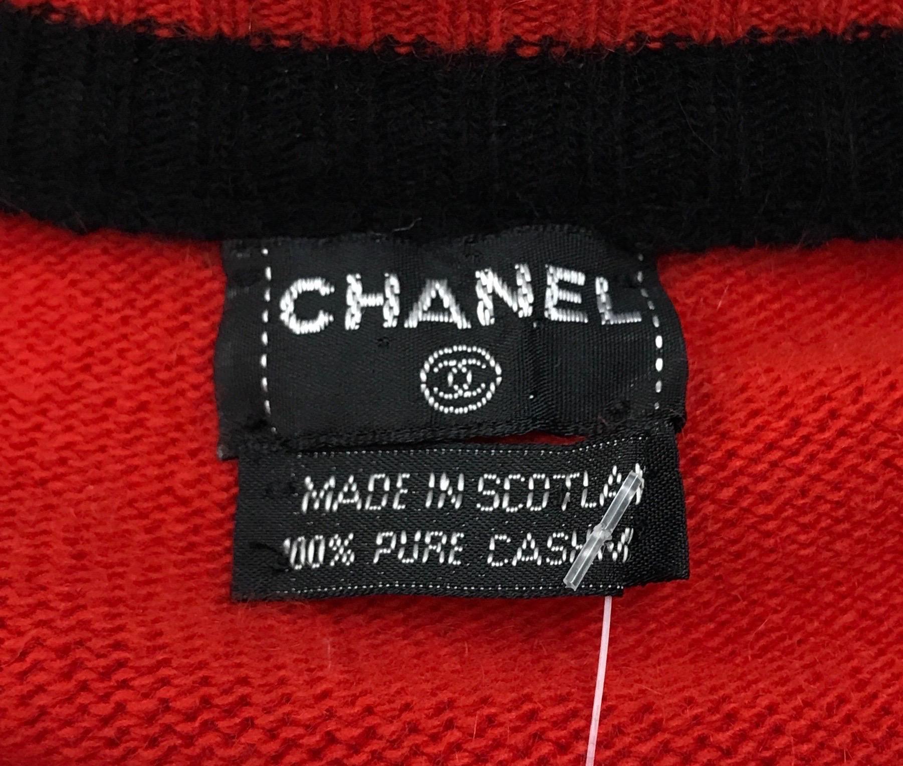 Women's Chanel Red Cashmere Cardigan w/ Navy Trim-44