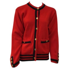 Chanel Red Cashmere Cardigan w/ Navy Trim-44